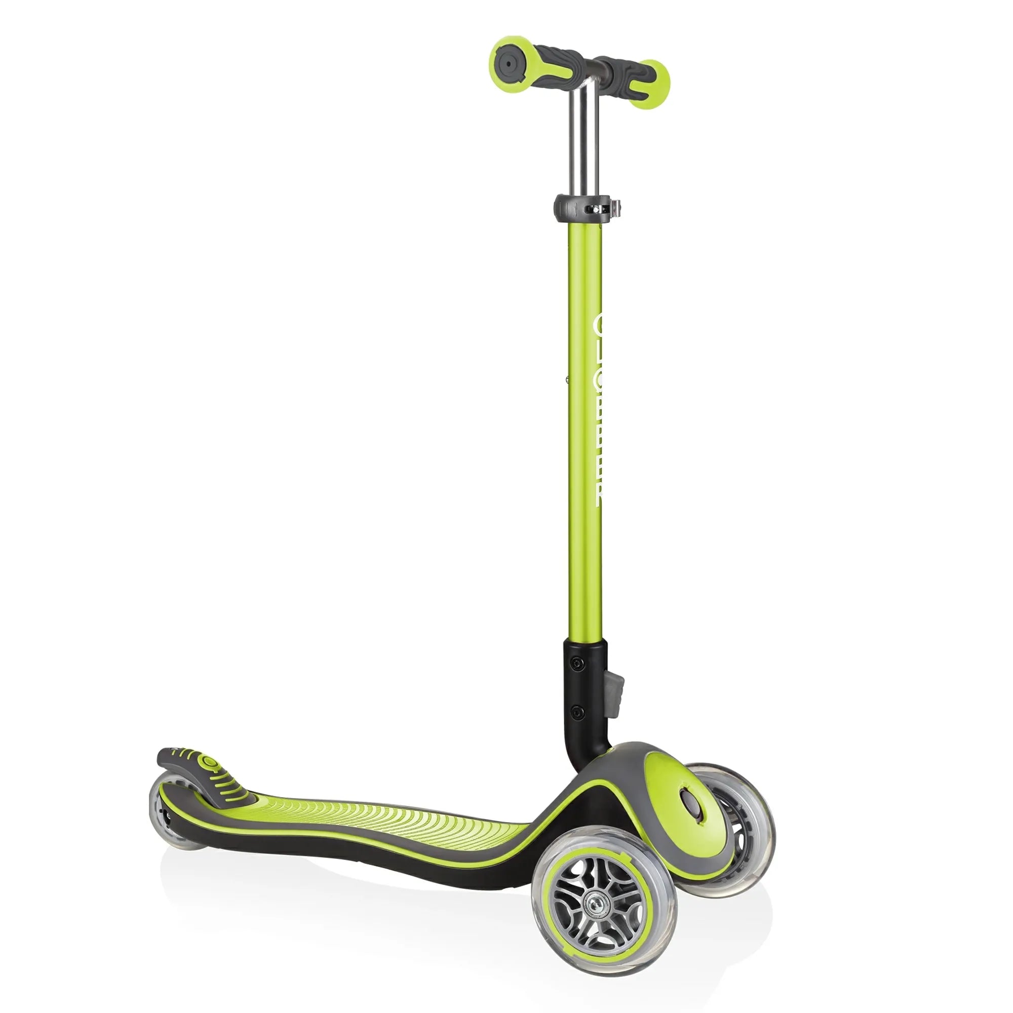 Globber elite deluxe adjustable 3 wheel scooter grows with kids ages 3 years to 9 plus lime green front right view.