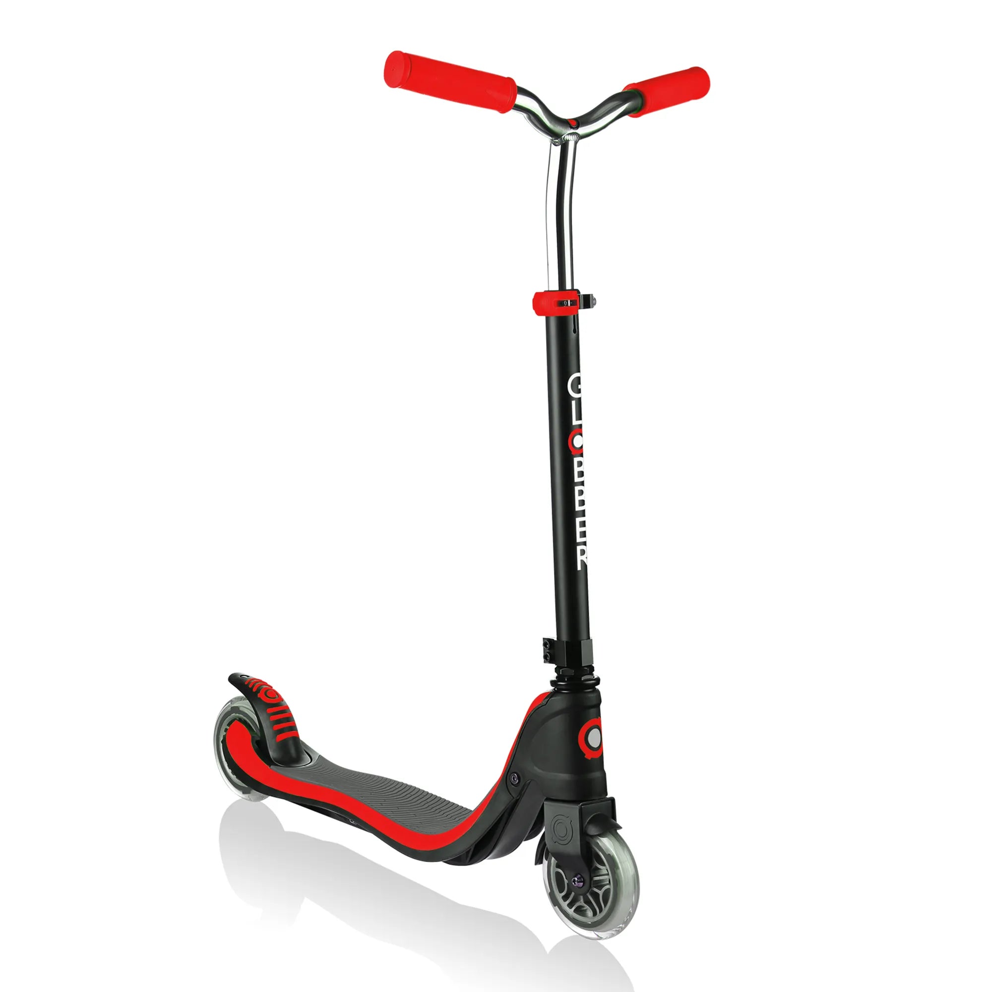 Globber flow 125 four height adjustable premium quality scooter black and red ages 6 to adult front right view.