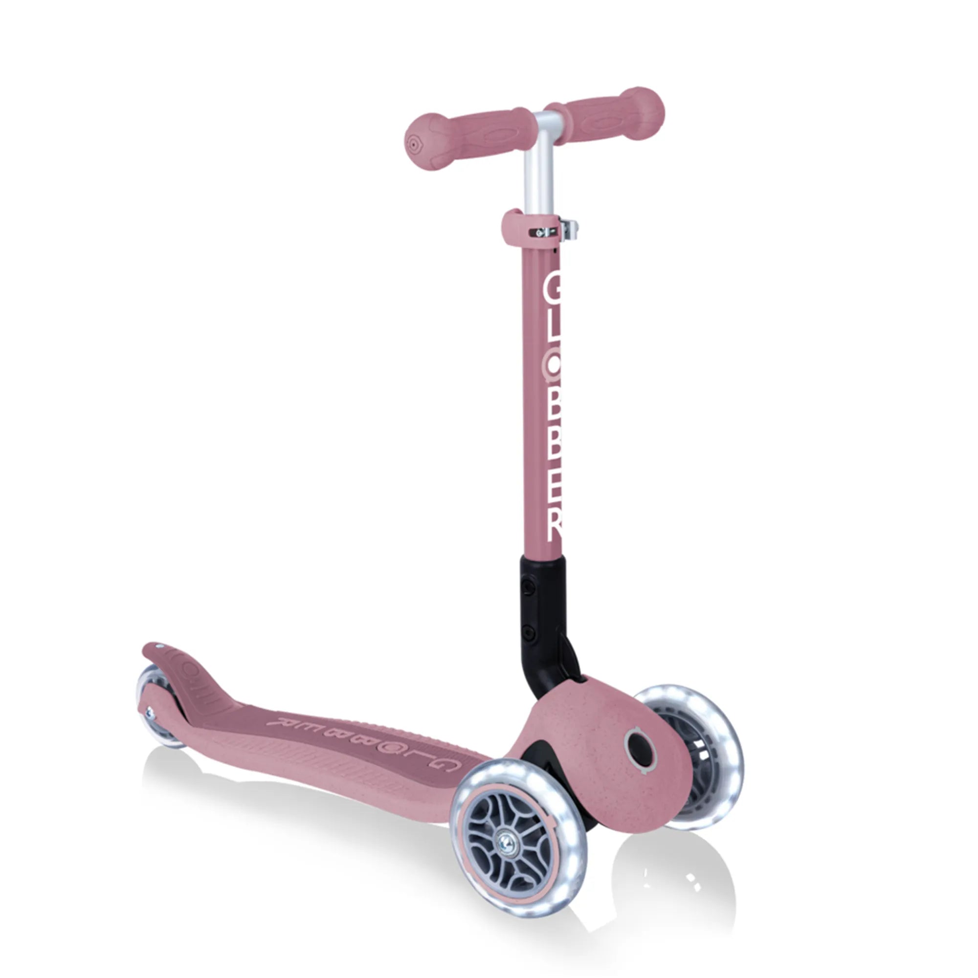 Globber junior foldable ecologic light up adjustable 3 wheel scooter for ages 2 years to 6 plus berry pink front right view.