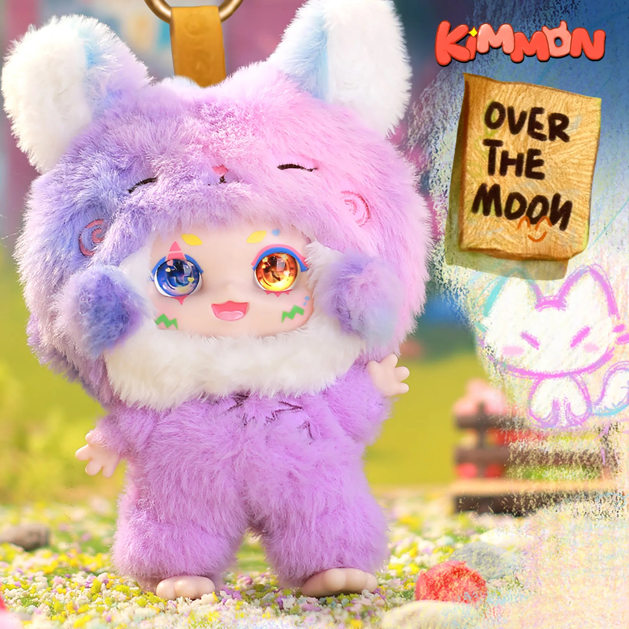 Kimmon Over The Moon premium plush doll in an outdoor garden park setting with KIMMON branding.
