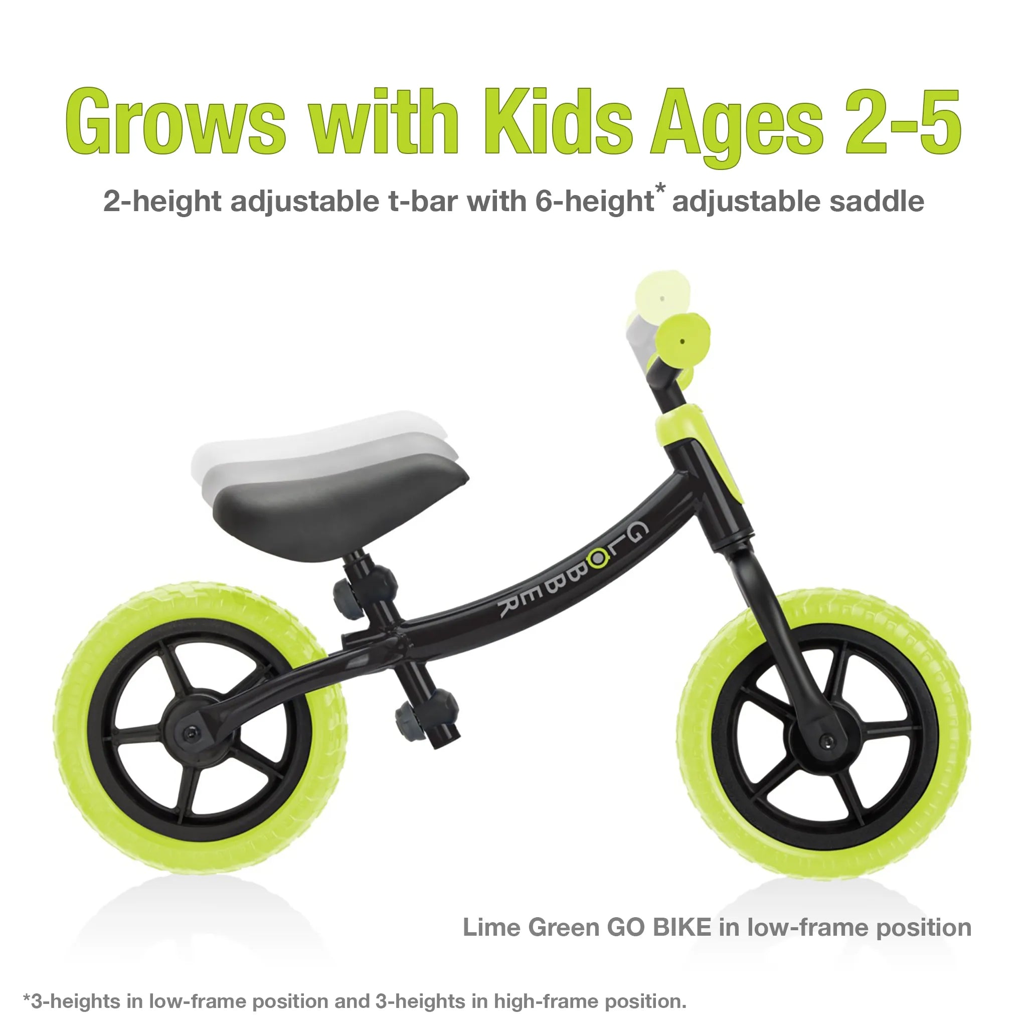 Globber go bike lime green showing side view with crossbar in low frame position. For ages 2 to 5 years.