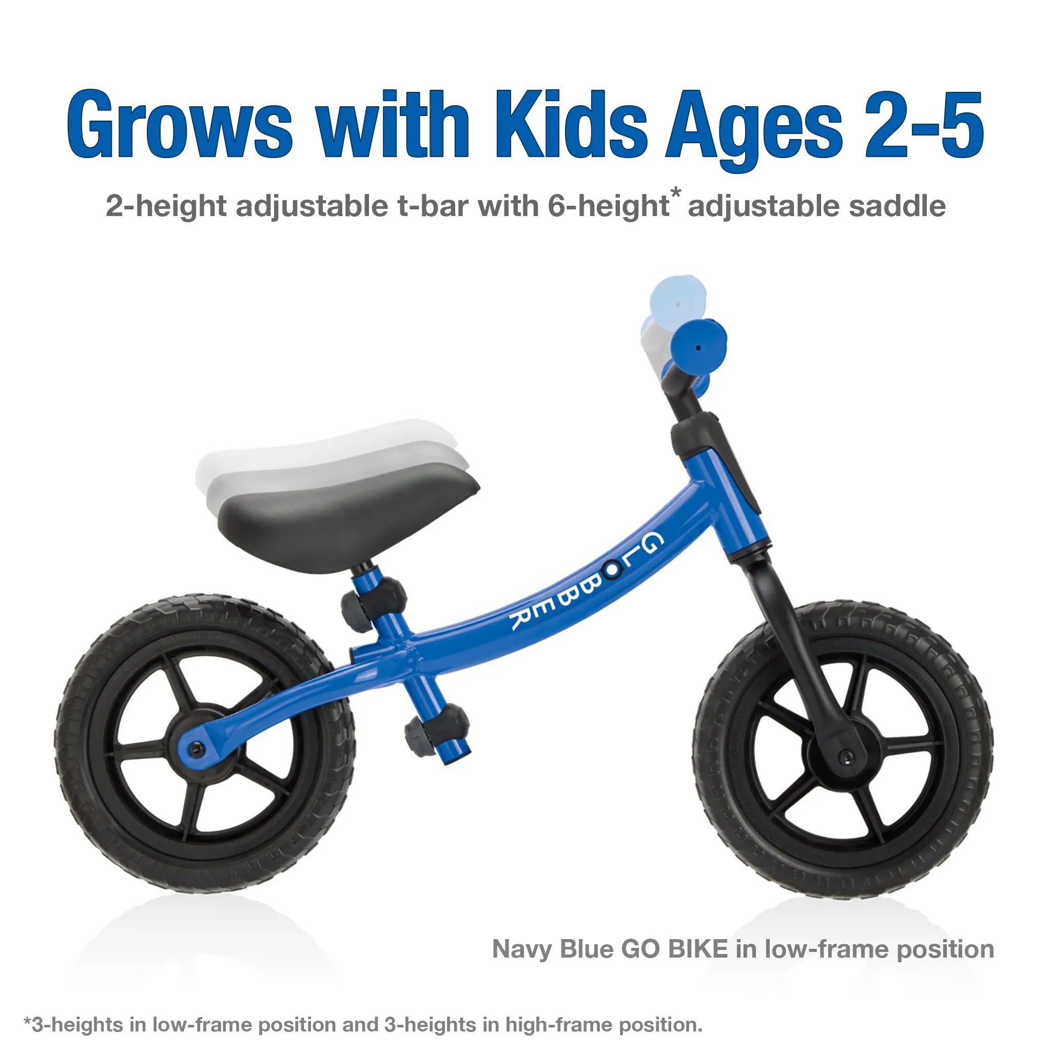 Globber go bike navy blue showing side view with crossbar in low frame position. For ages 2 to 5 years.