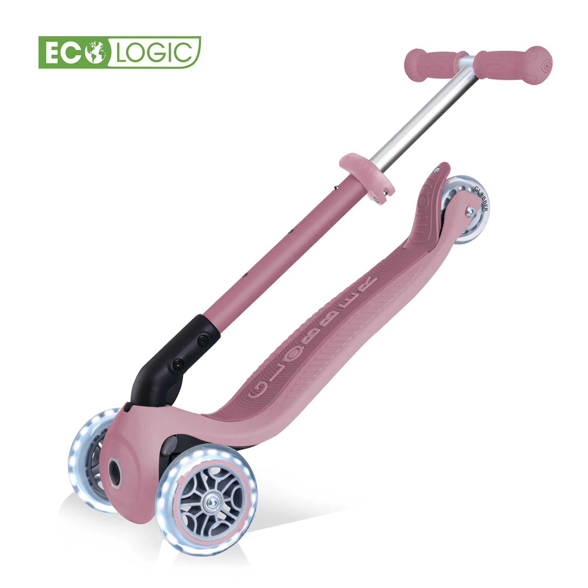 Globber junior foldable ecologic light up 3 wheel scooter berry pink in pull along trolley mode with ecologic logo.