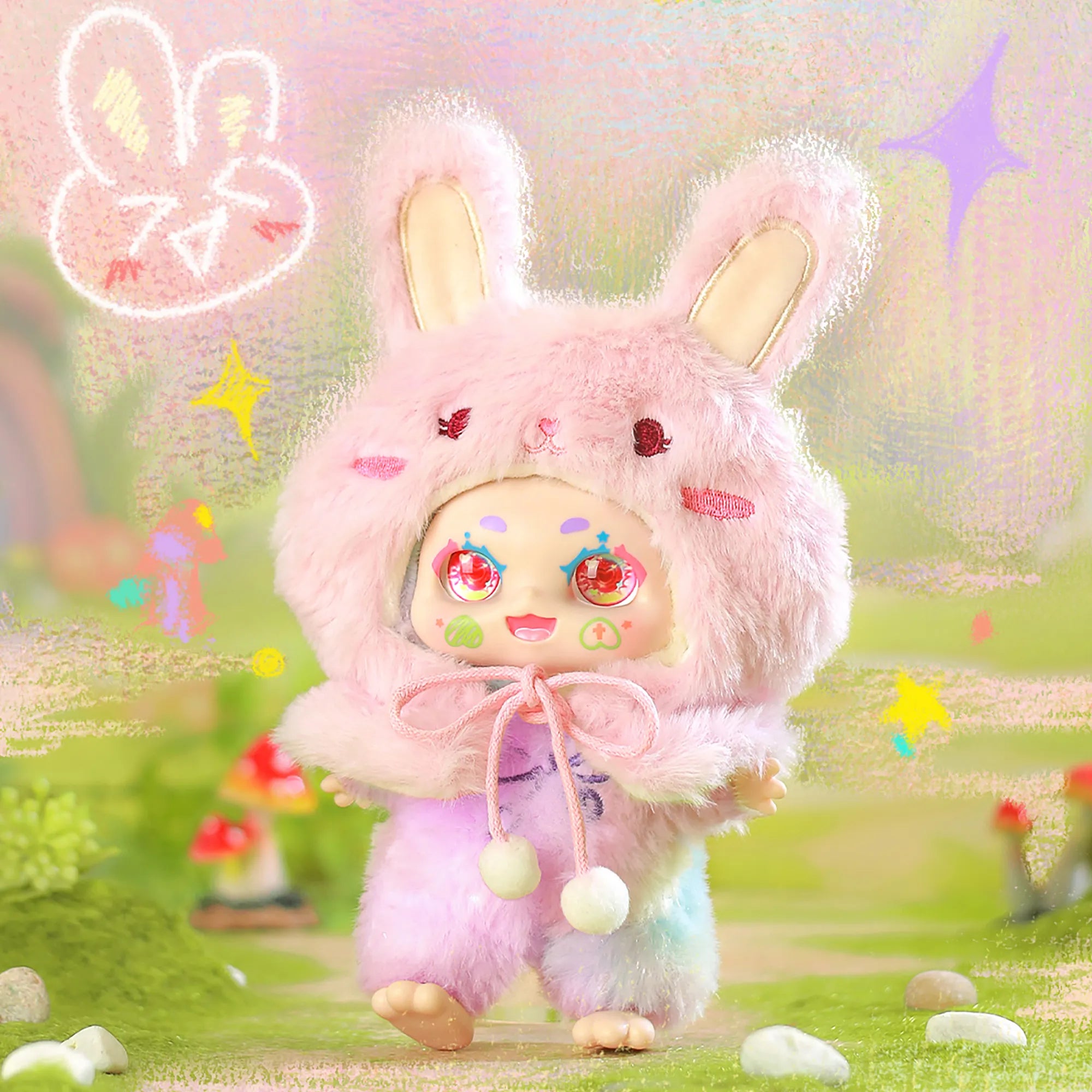 Kimmon Over The Moon pink bunny themed premium plush doll in an outdoor garden park setting.
