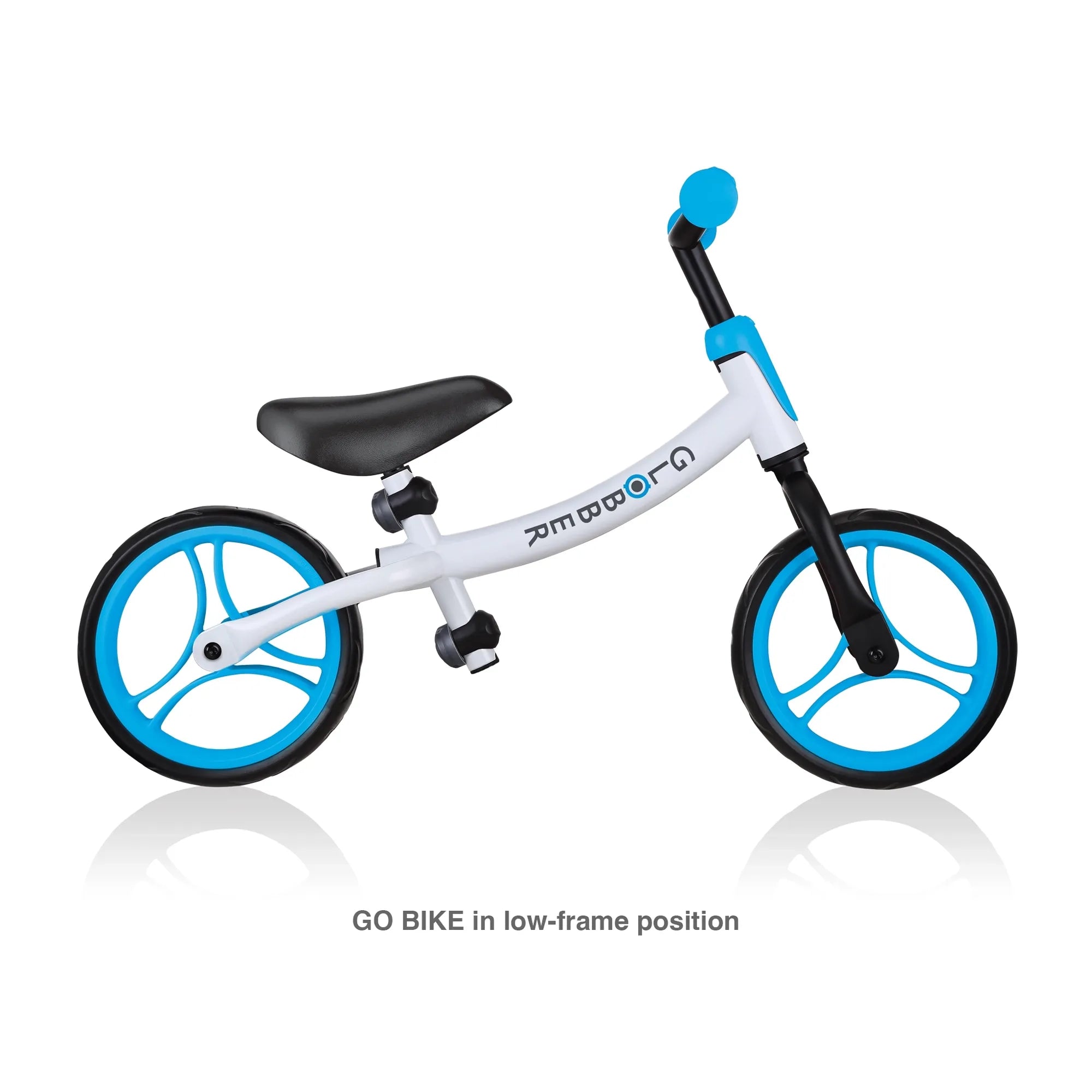 Globber Go Bike Balance Bike Black and Sky Blue Side View Low Frame Option