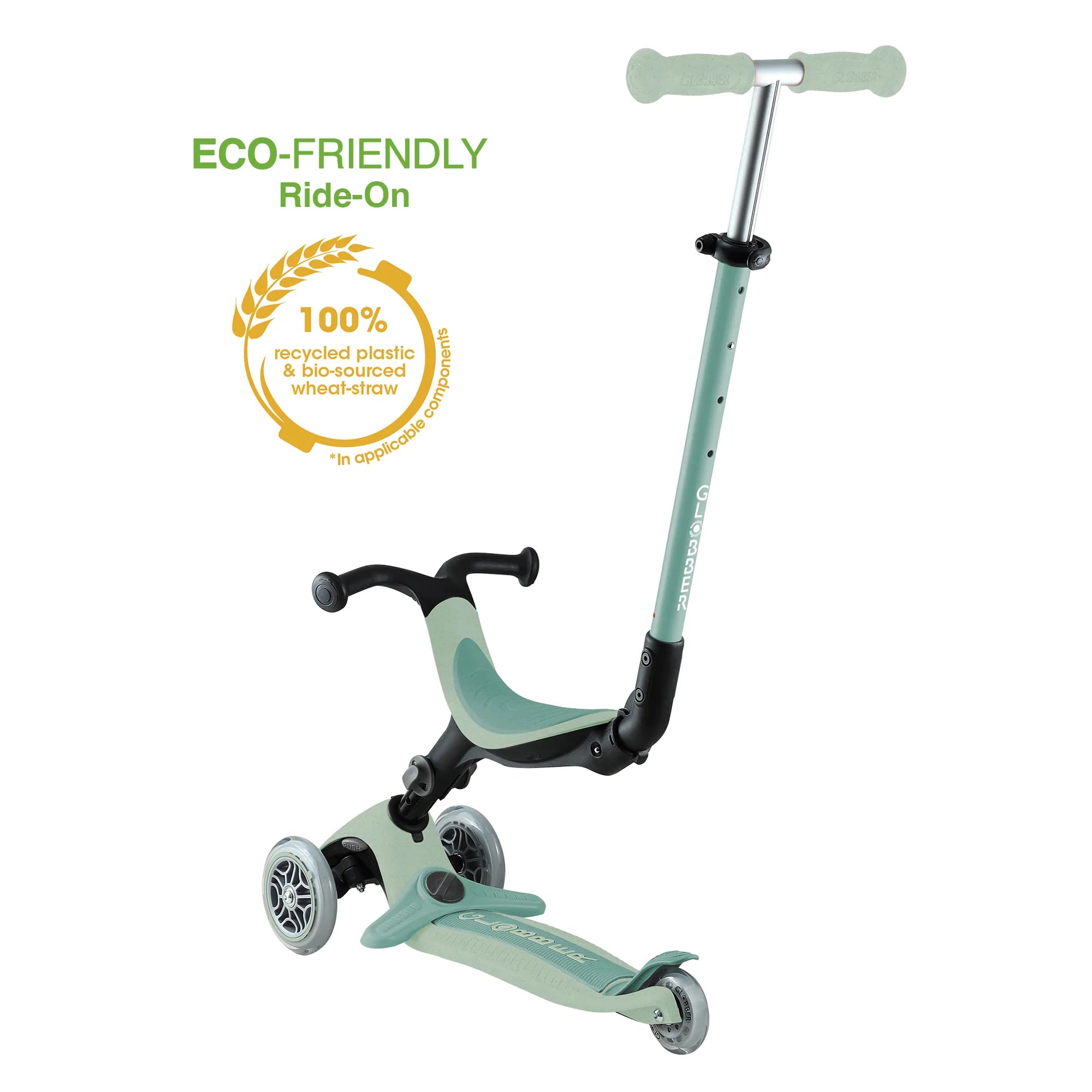 Globber GO•UP Foldable ACTIVE Ecologic 3-in-1 Scooter - 4-Height Adjustable - Award-Winning Planet-Friendly Fun - Pistachio Green - 15m-9+ yrs