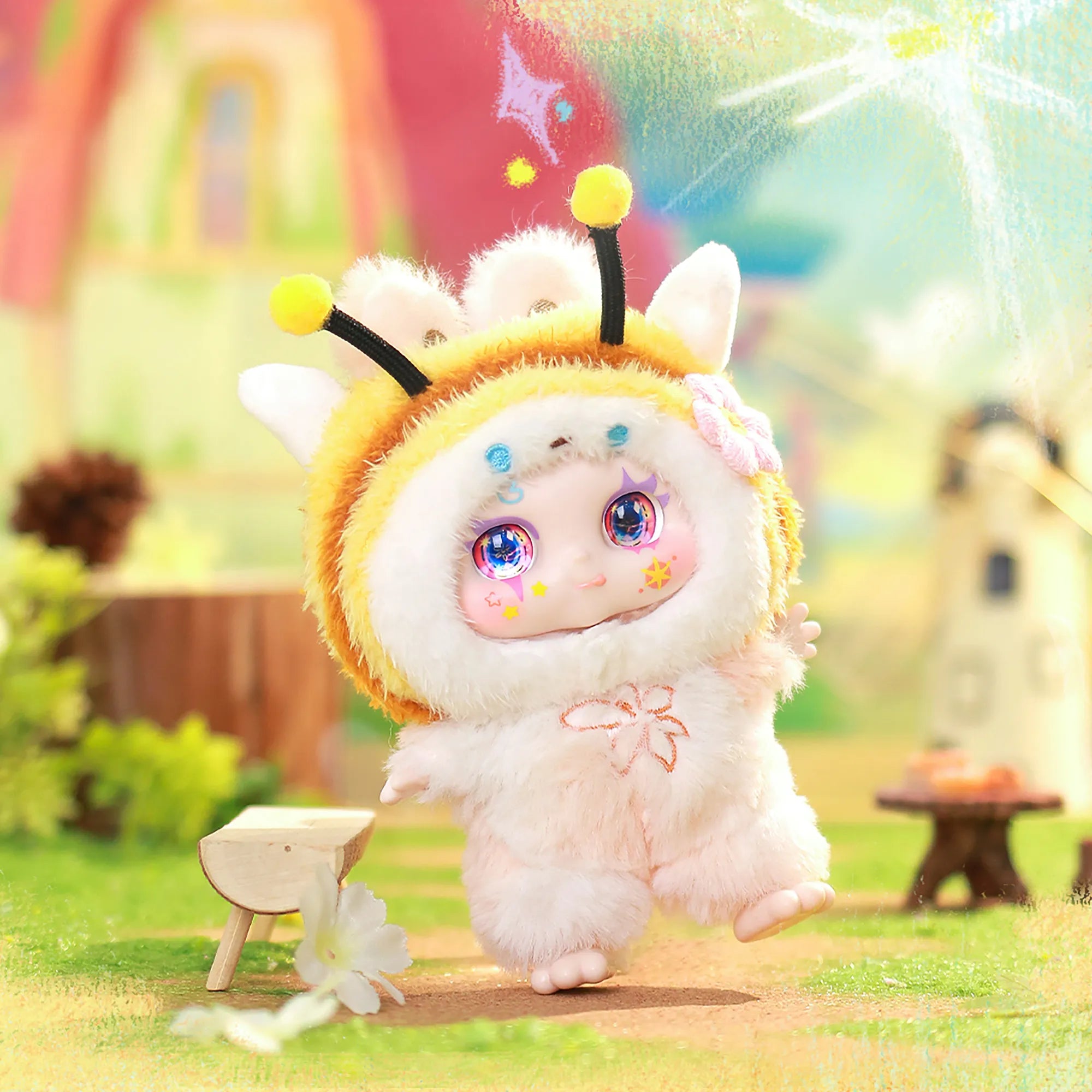 Kimmon Over The Moon bumble bee themed premium plush doll in an outdoor garden park setting.
