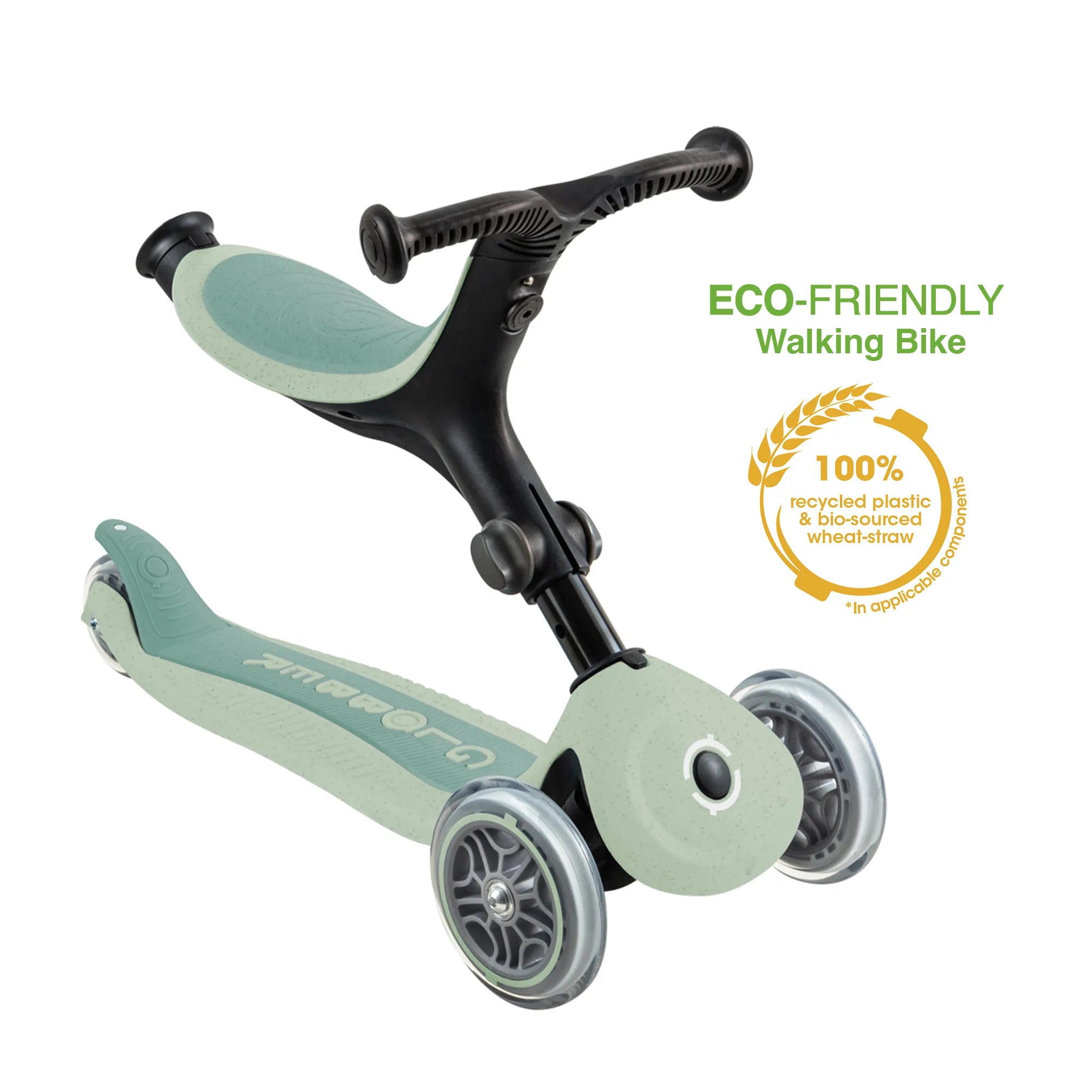 Globber GO•UP Foldable ACTIVE Ecologic 3-in-1 Scooter - 4-Height Adjustable - Award-Winning Planet-Friendly Fun - Pistachio Green - 15m-9+ yrs