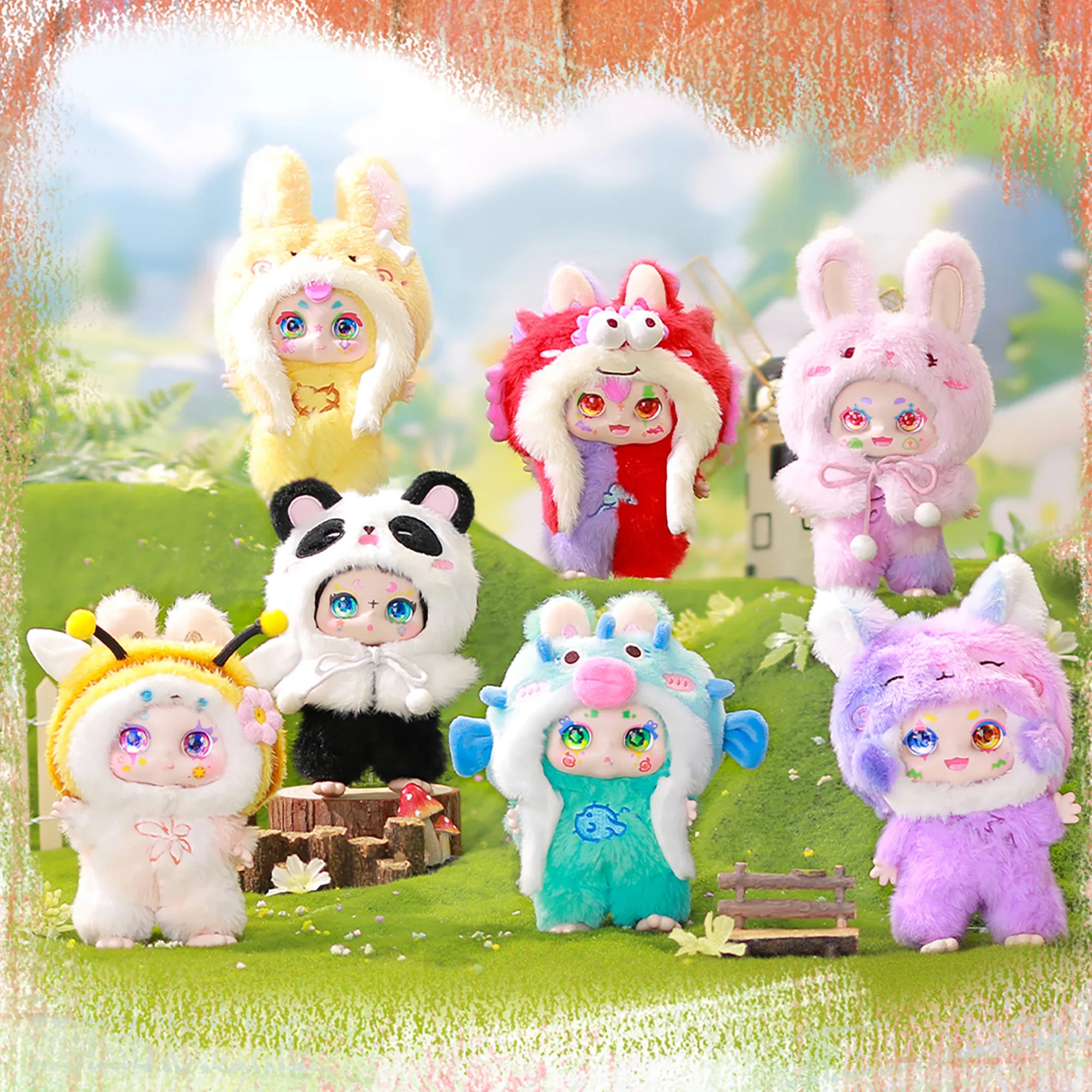 Group image for the Over The Moon collectible series featuring all 7 plush characters in an outdoor garden park setting.