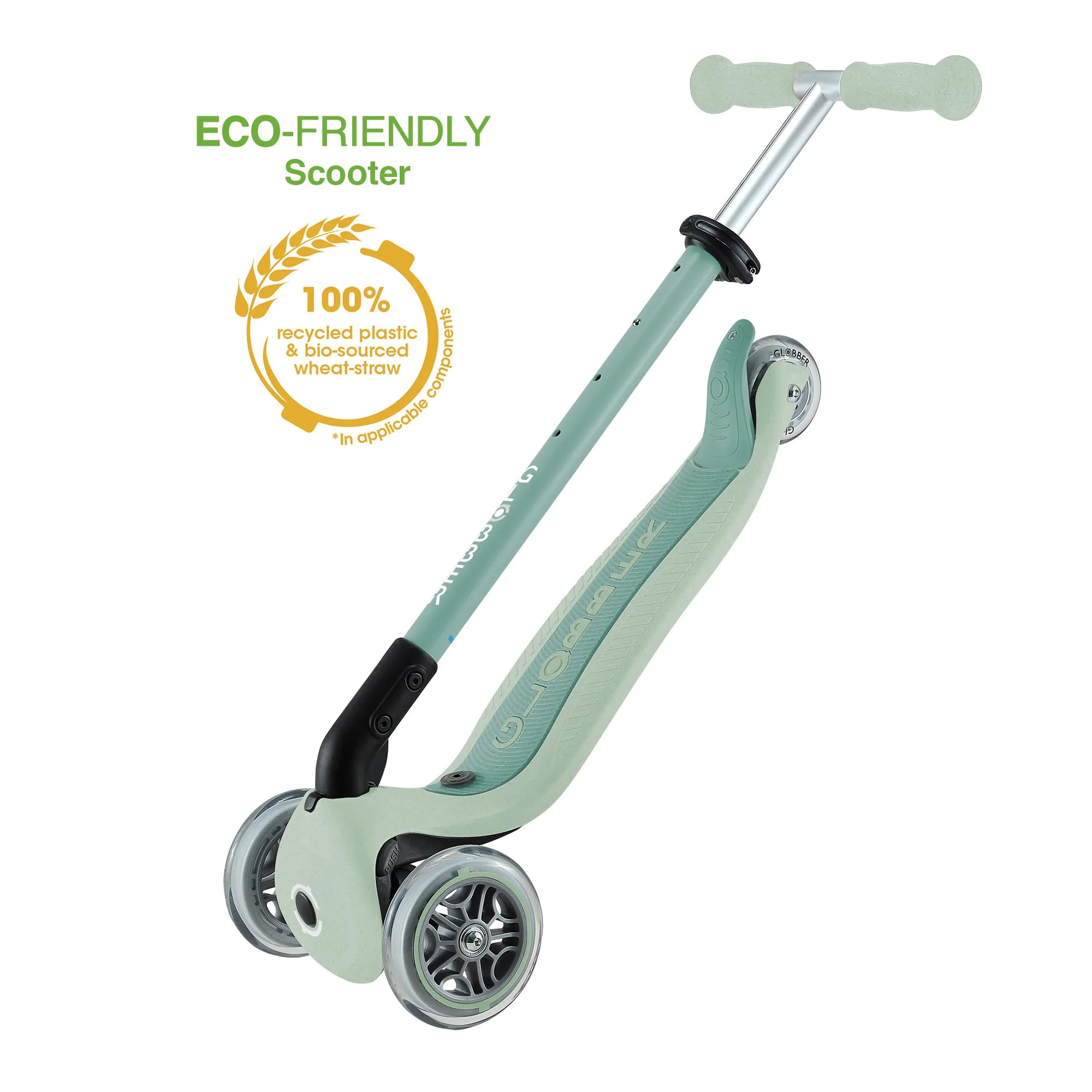 Globber GO•UP Foldable ACTIVE Ecologic 3-in-1 Scooter - 4-Height Adjustable - Award-Winning Planet-Friendly Fun - Pistachio Green - 15m-9+ yrs
