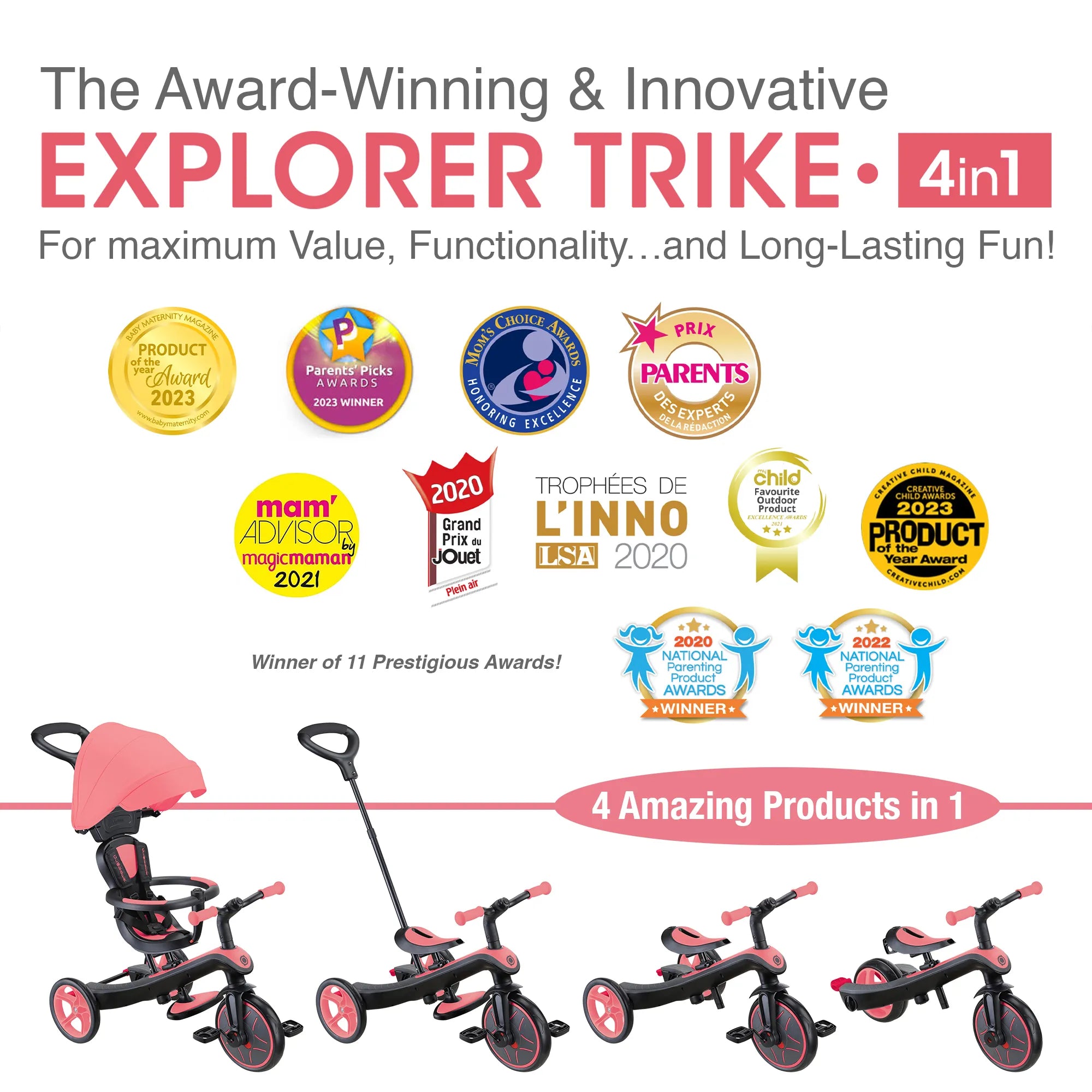 Globber Explorer Trike 4-in-1 - Coral Pink - Award-Winning Fun *New Model* - Ages 10m-5yrs