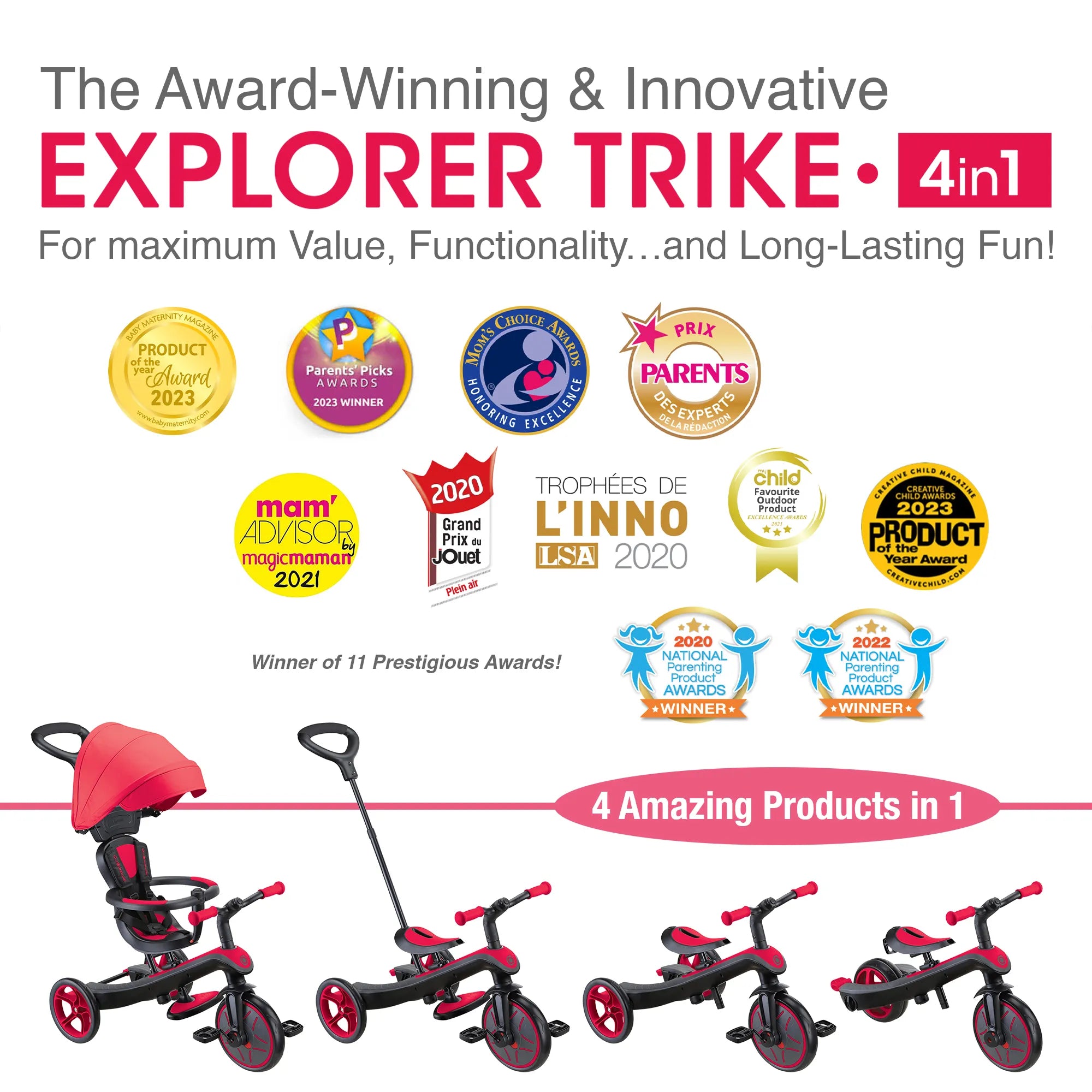 Globber Explorer Trike 4-in-1 - New Red - Award-Winning Fun *New Model* - Ages 10m-5yrs