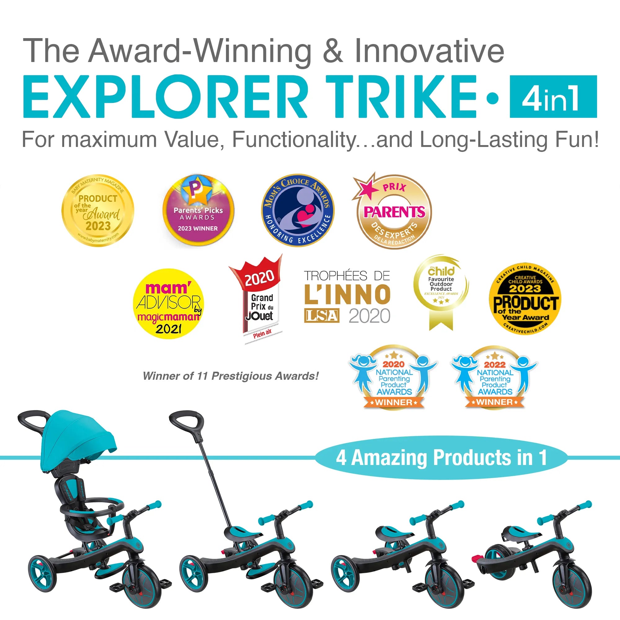 Globber Explorer Trike 4-in-1 - Teal - Award-Winning Fun *New Model* - Ages 10m-5yrs