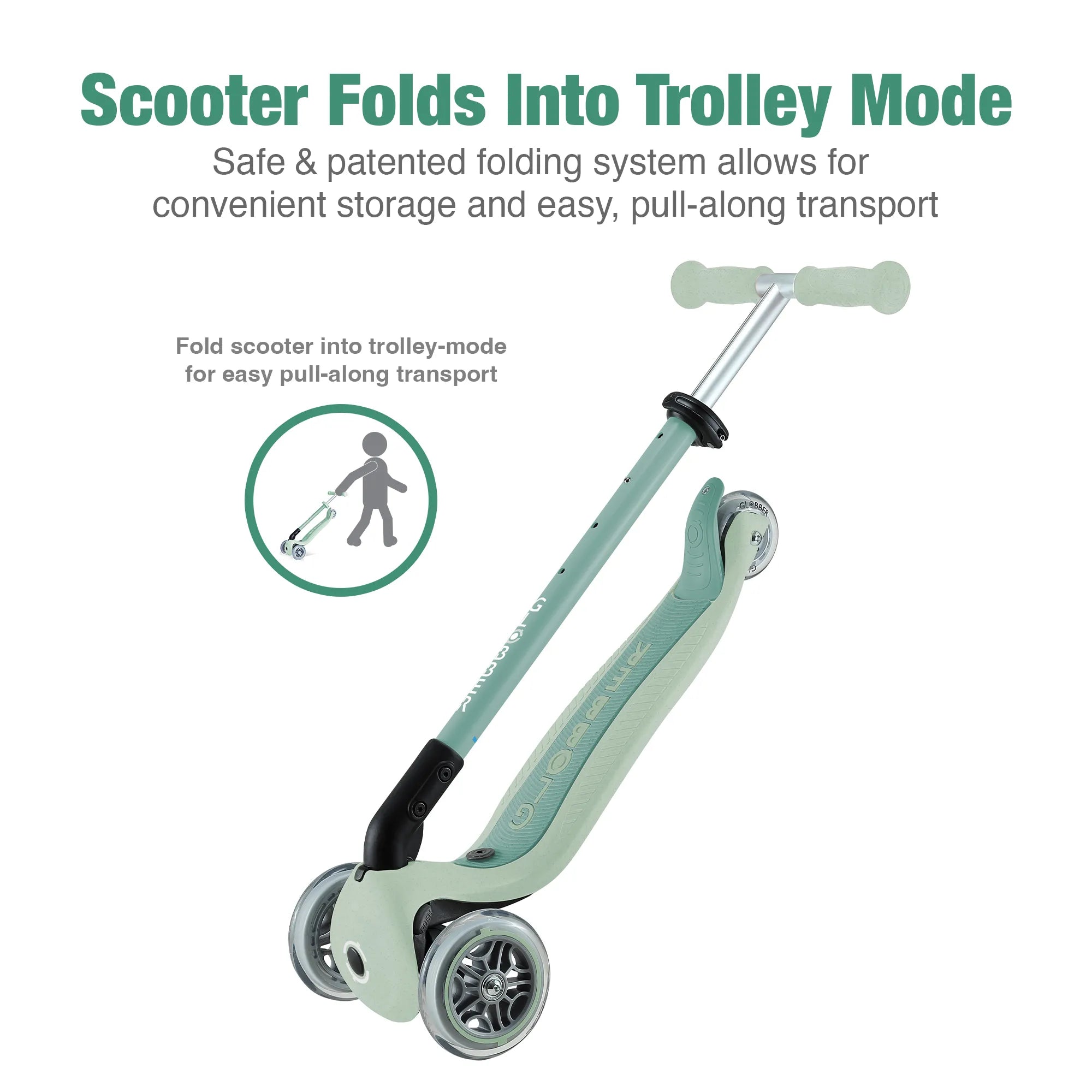 Globber GO•UP Foldable ACTIVE Ecologic 3-in-1 Scooter - 4-Height Adjustable - Award-Winning Planet-Friendly Fun - Pistachio Green - 15m-9+ yrs