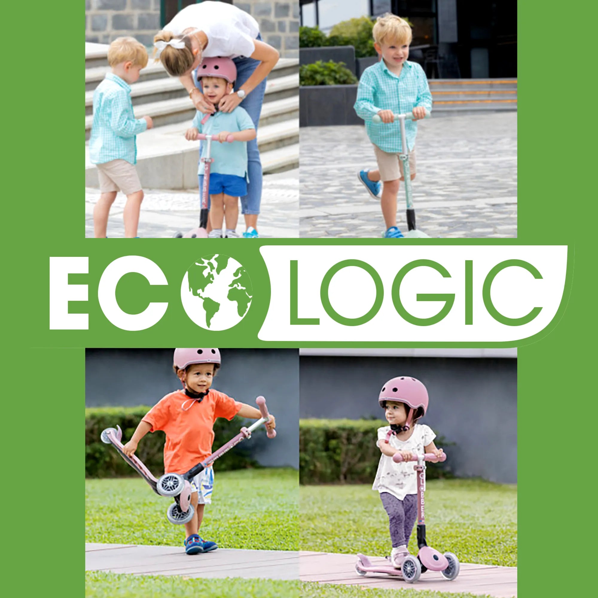 Ecologic logo with 4 images showing happy children riding the globber junior foldable ecologic light up 3 wheel scooter.