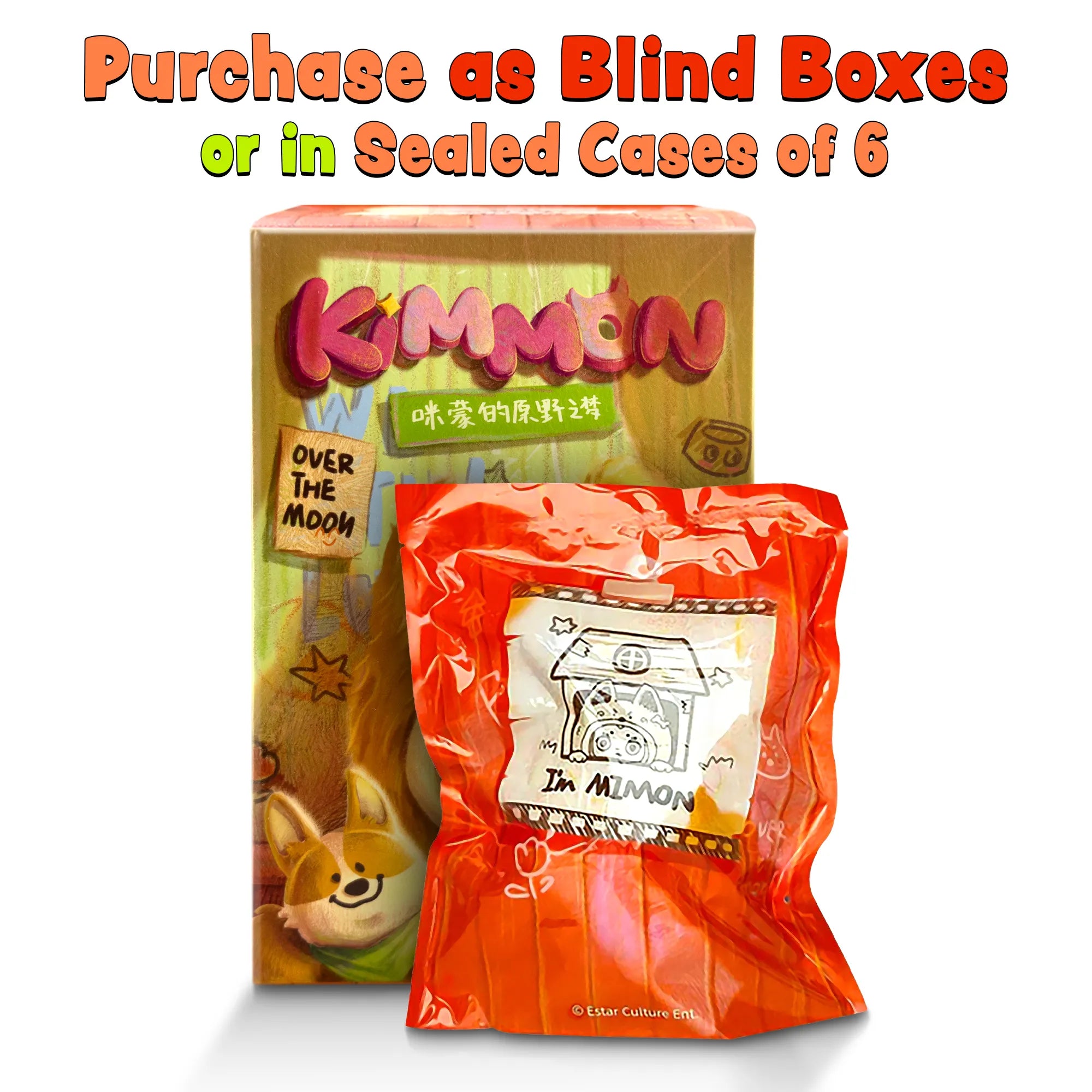 Kimmon Over The Moon packaging with text promoting the option to buy single blind boxes or a sealed case of 6 blind boxes.