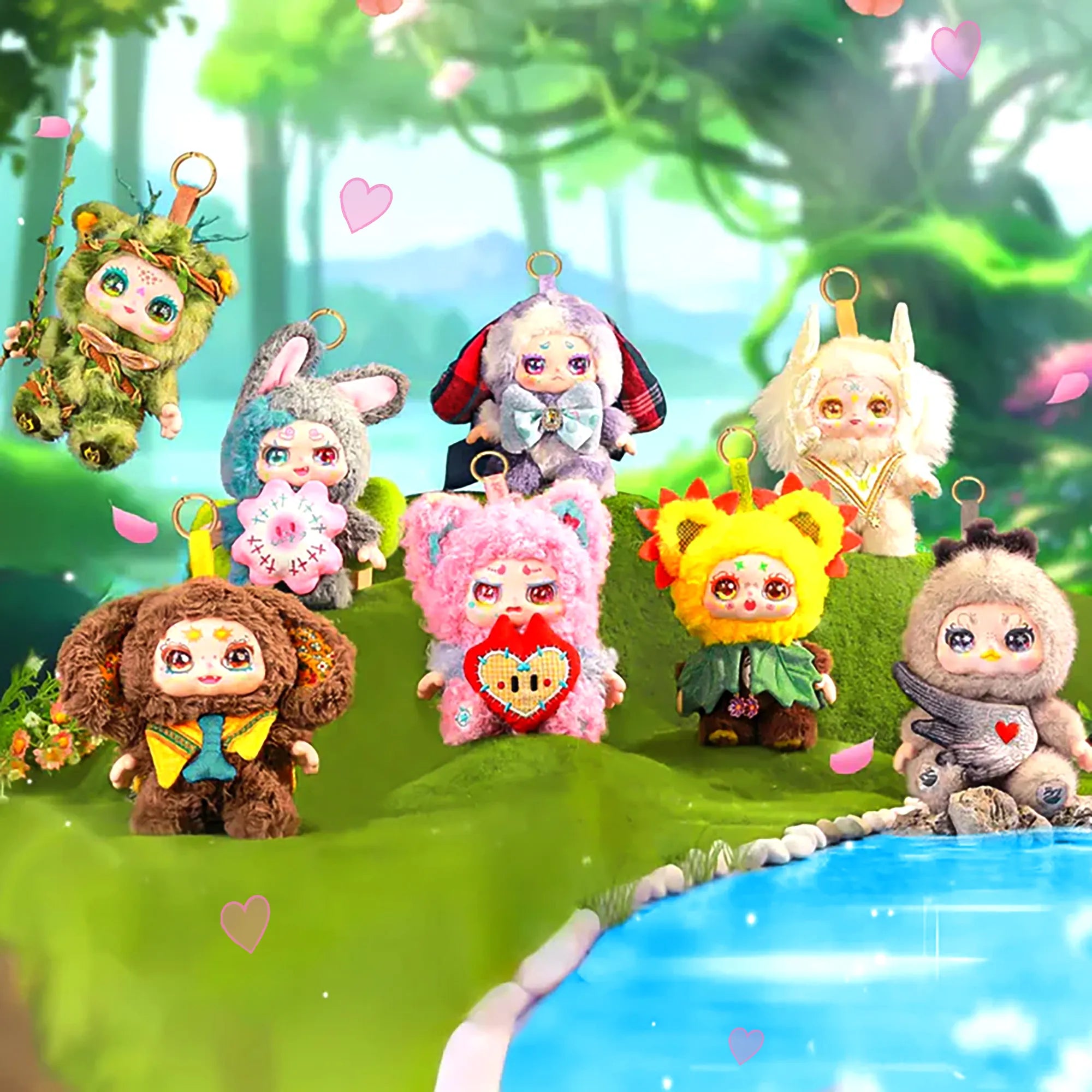 Group image for the Spring New Growth collectible series featuring all 8 plush characters in a forest setting with a pond.