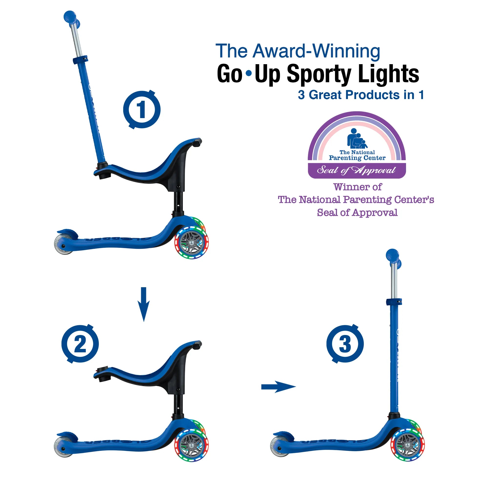 Globber GO•UP Sporty Lights - Blue & Dark Navy Blue - Award-Winning Fun - Ages 15m-7+ yrs - Brown's Hobby & Game