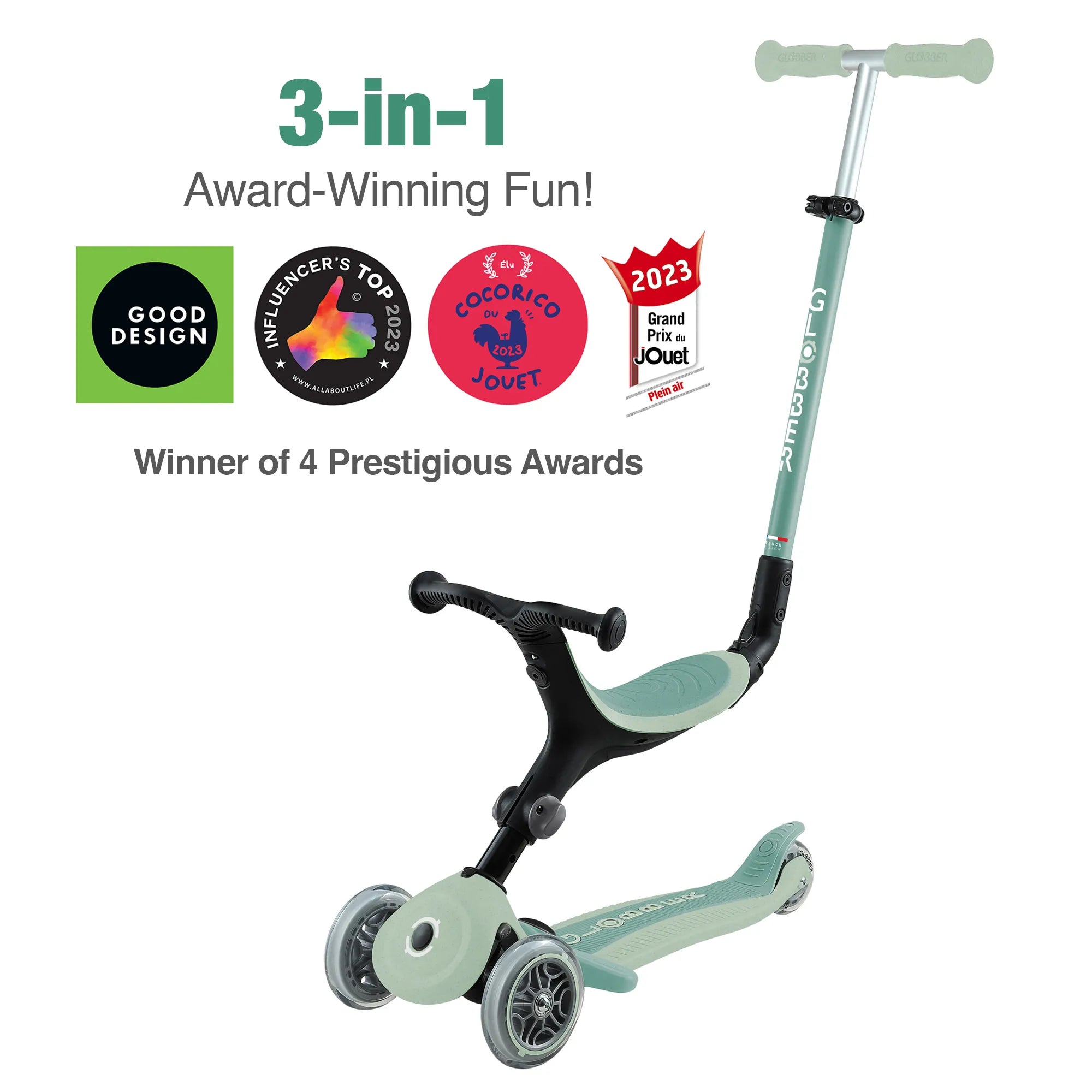 Globber GO•UP Foldable ACTIVE Ecologic 3-in-1 Scooter - 4-Height Adjustable - Award-Winning Planet-Friendly Fun - Pistachio Green - 15m-9+ yrs