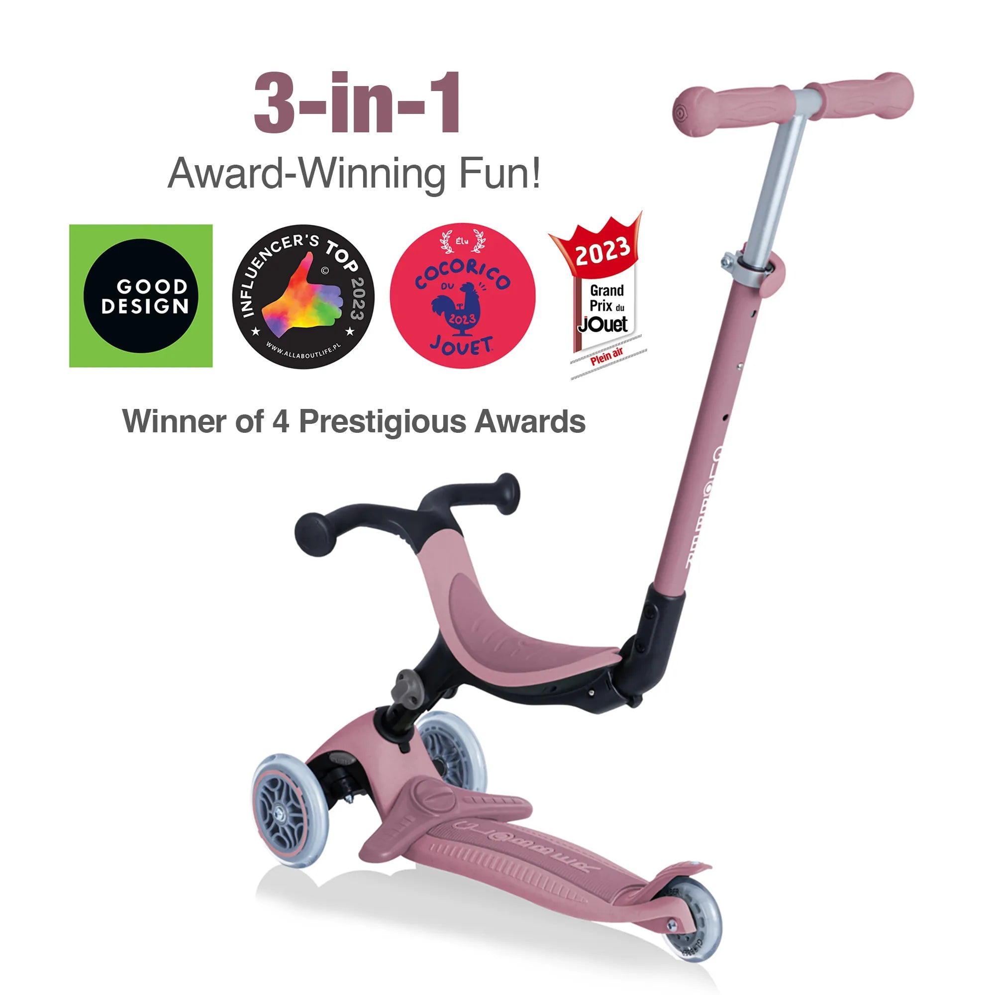 Globber GO•UP Foldable PLUS Ecologic 3-in-1 Scooter - 3-Height Adjustable - Award-Winning Planet-Friendly Fun - Berry Pink - 15m-7+ yrs