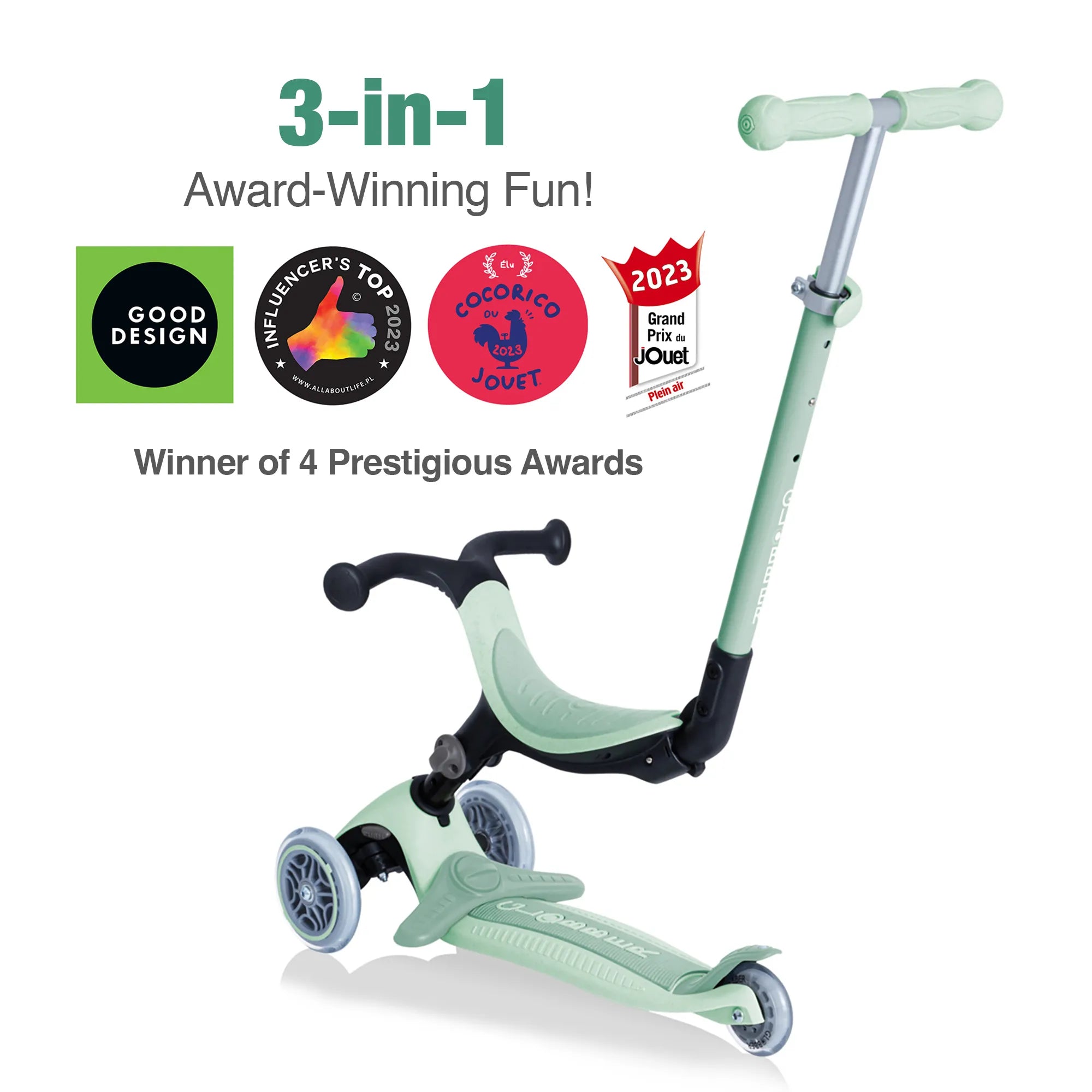 Globber GO•UP Foldable PLUS Ecologic 3-in-1 Scooter - 3-Height Adjustable - Award-Winning Planet-Friendly Fun - Pistachio Green - 15m-7+ yrs