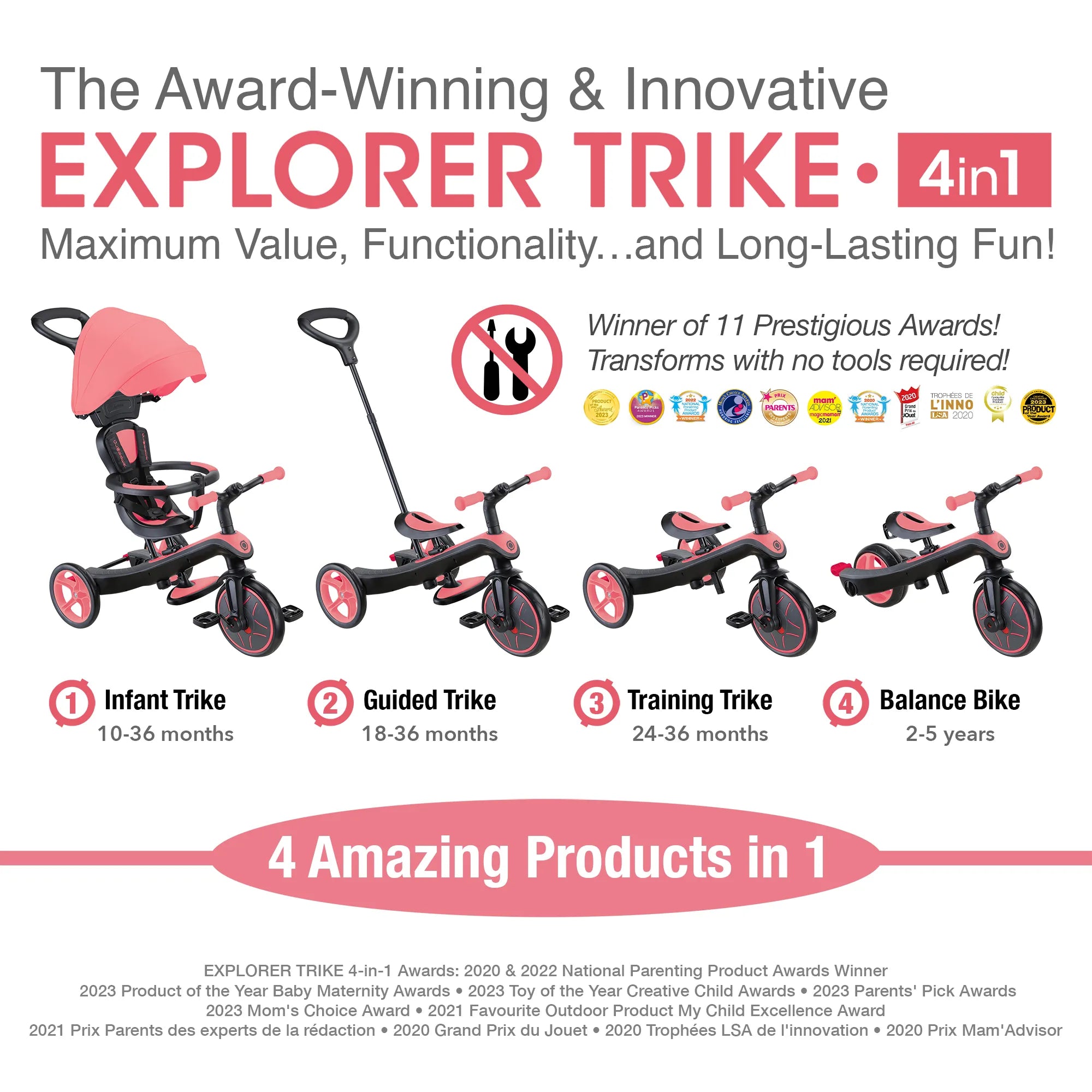 Globber Explorer Trike 4-in-1 - Coral Pink - Award-Winning Fun *New Model* - Ages 10m-5yrs