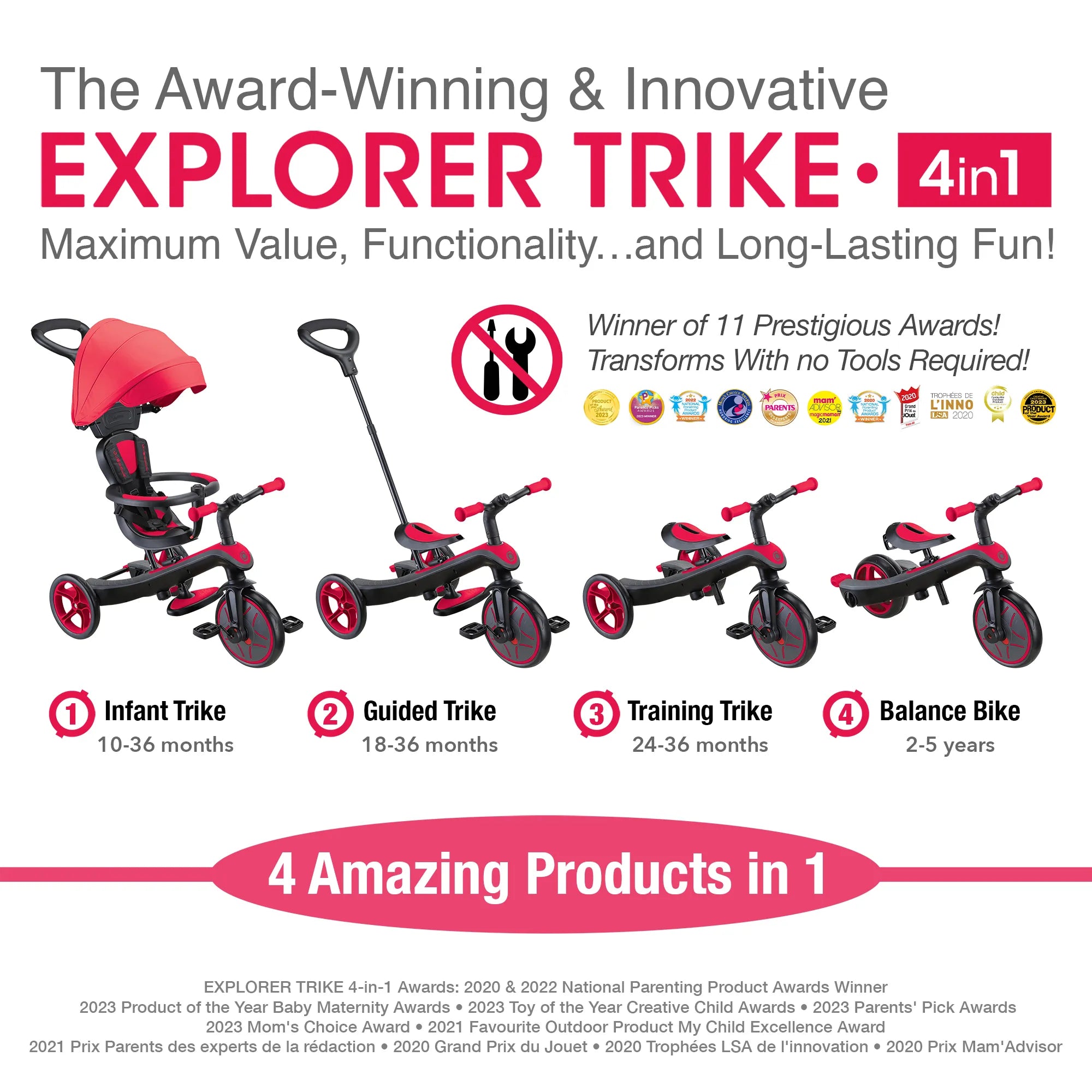 Globber Explorer Trike 4-in-1 - New Red - Award-Winning Fun *New Model* - Ages 10m-5yrs