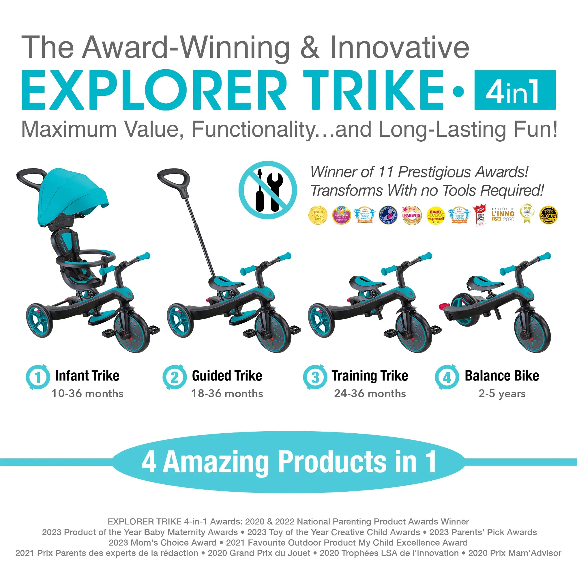 Globber Explorer Trike 4-in-1 - Teal - Award-Winning Fun *New Model* - Ages 10m-5yrs