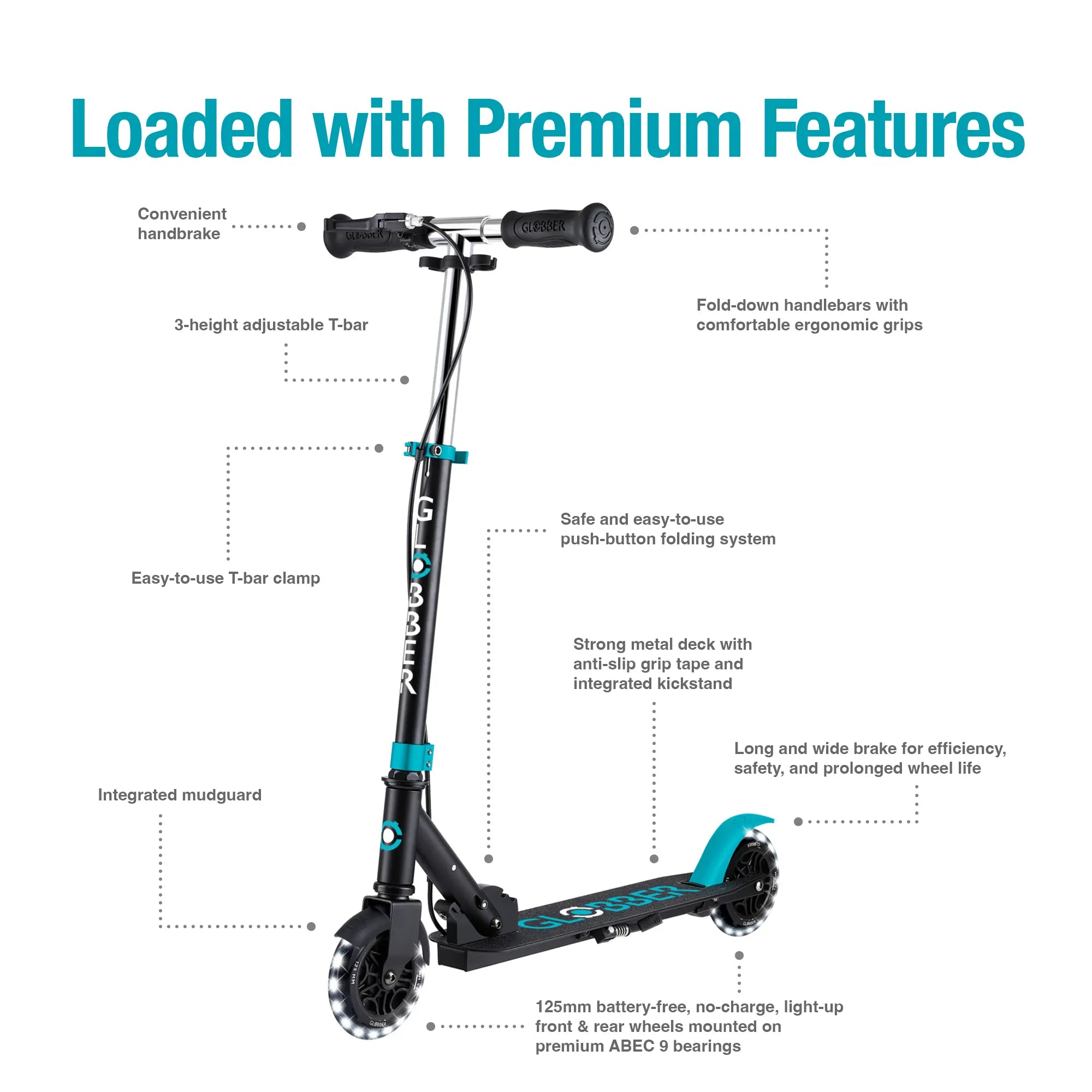 Globber Flow Element Junior Lights Scooter | Ages 3-8 | Black & Teal Globber Flow Element Junior Lights Scooter | Ages 3-8 | Black & Teal