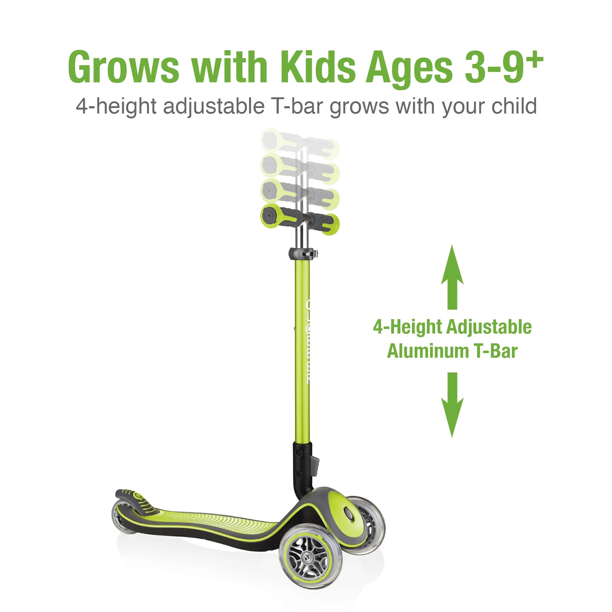 Globber elite deluxe and adjustable 3 wheel scooter lime green front right view displaying its 4 height adjustable t bar.