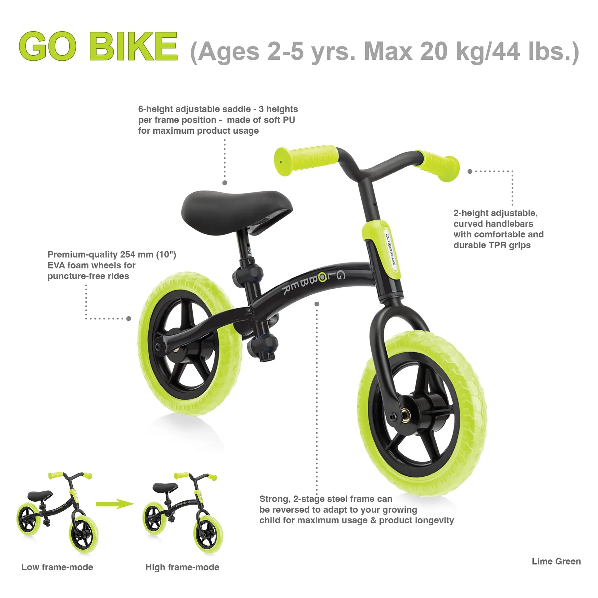 Globber Go Bike Balance Bike - Lime Green - 'New Model' - Ages 2-5 yrs - Brown's Hobby & Game