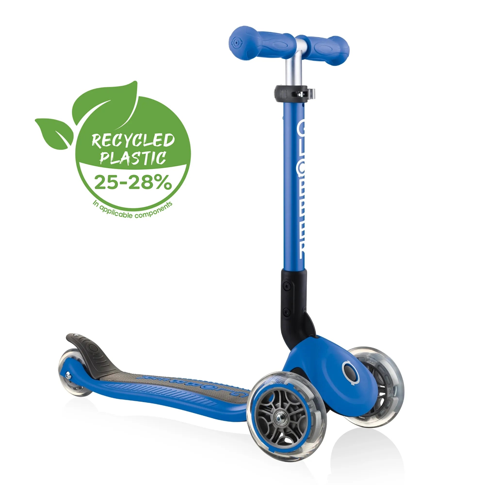 Globber junior foldable adjustable 3 wheel scooter navy blue with G R S eco friendly recycled plastic logo front right view.