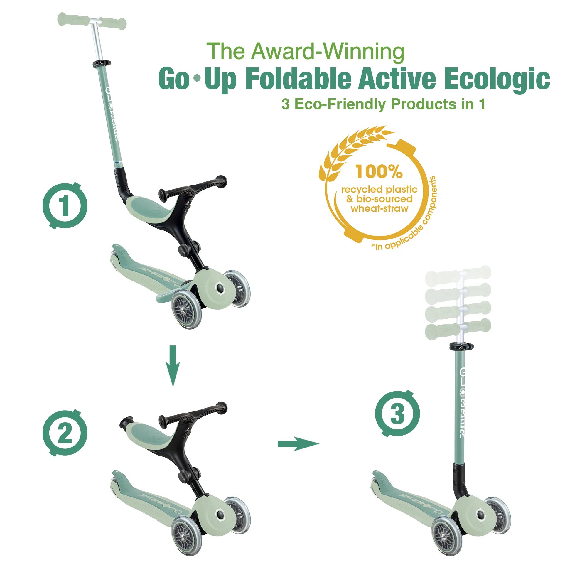 Globber GO•UP Foldable ACTIVE Ecologic 3-in-1 Scooter - 4-Height Adjustable - Award-Winning Planet-Friendly Fun - Pistachio Green - 15m-9+ yrs