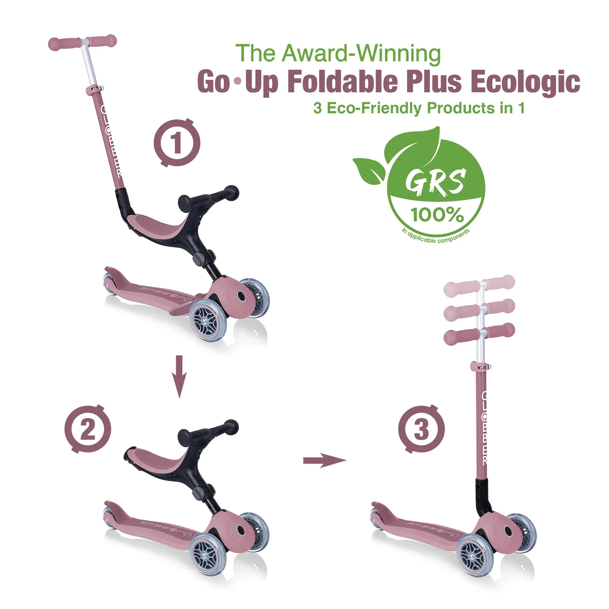 Globber GO•UP Foldable PLUS Ecologic 3-in-1 Scooter - 3-Height Adjustable - Award-Winning Planet-Friendly Fun - Berry Pink - 15m-7+ yrs