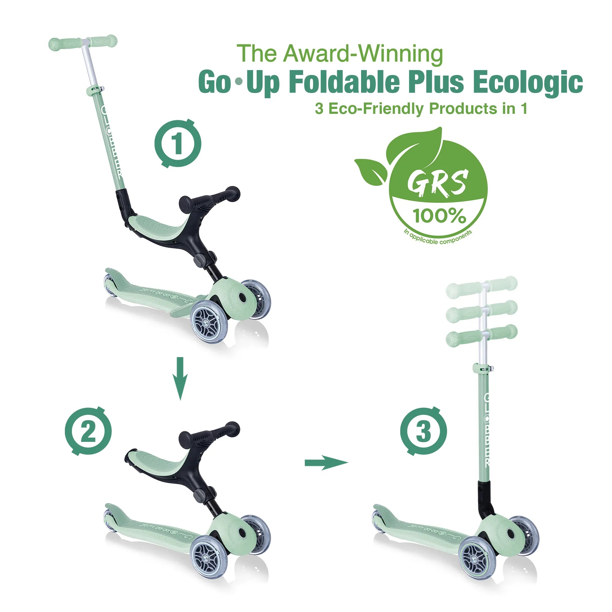 Globber GO•UP Foldable PLUS Ecologic 3-in-1 Scooter - 3-Height Adjustable - Award-Winning Planet-Friendly Fun - Pistachio Green - 15m-7+ yrs