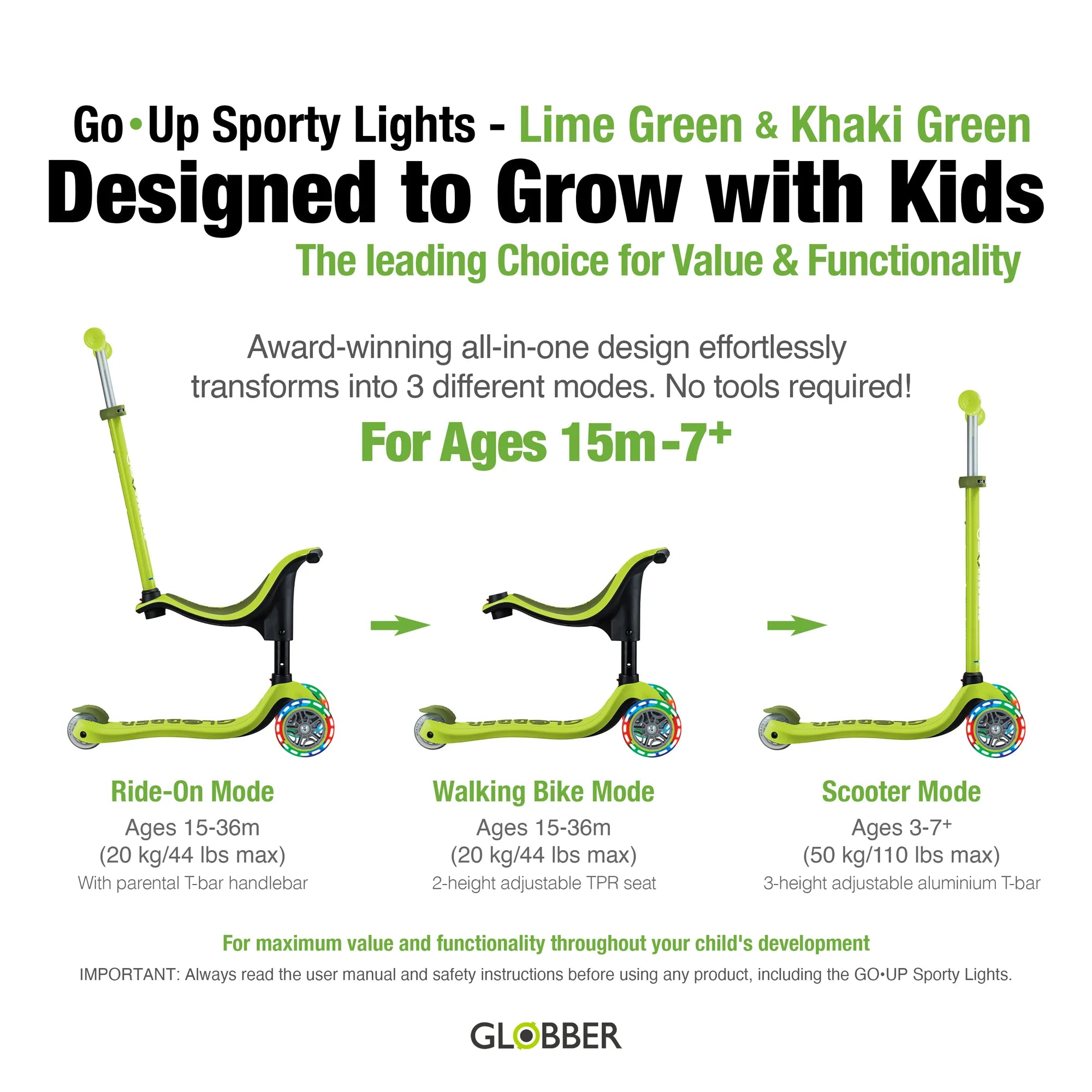 Globber GO•UP Sporty Lights 3-in-1 - Lime Green & Khaki Green - Award-Winning Fun - Ages 15m-7+ yrs