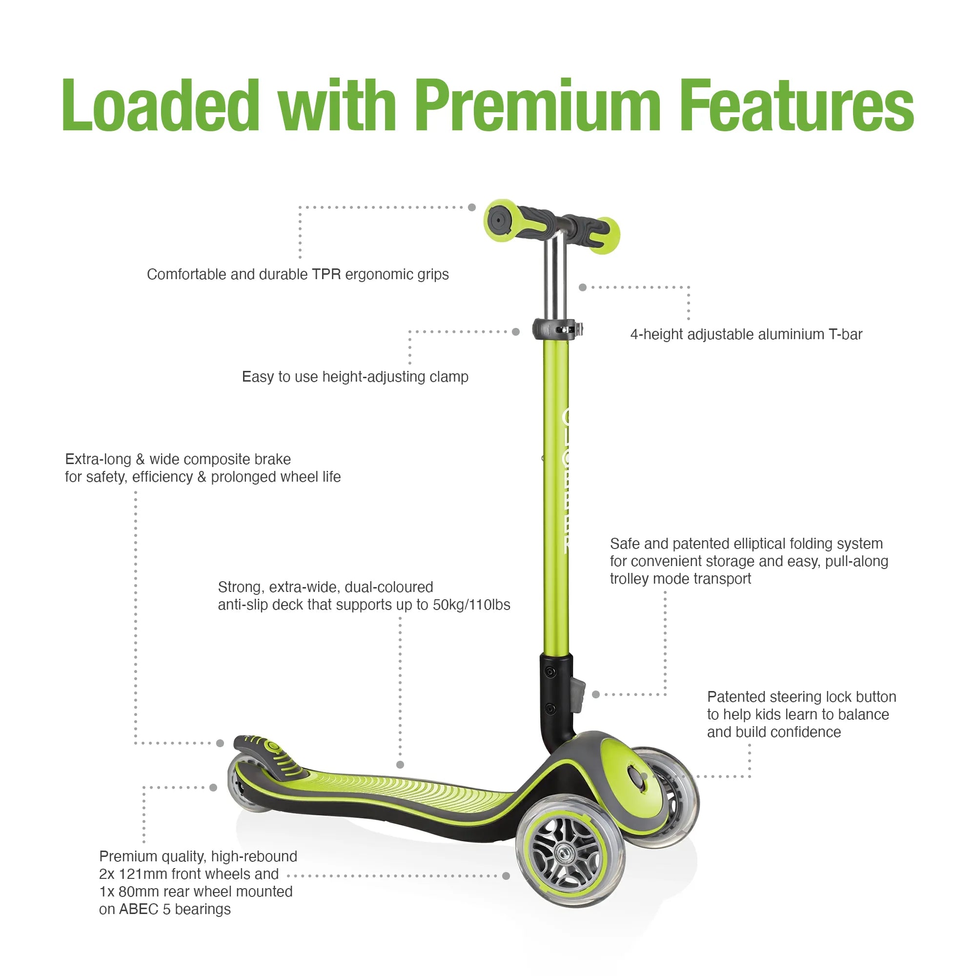 Globber elite deluxe and adjustable 3 wheel scooter lime green front right view listing its many premium features.