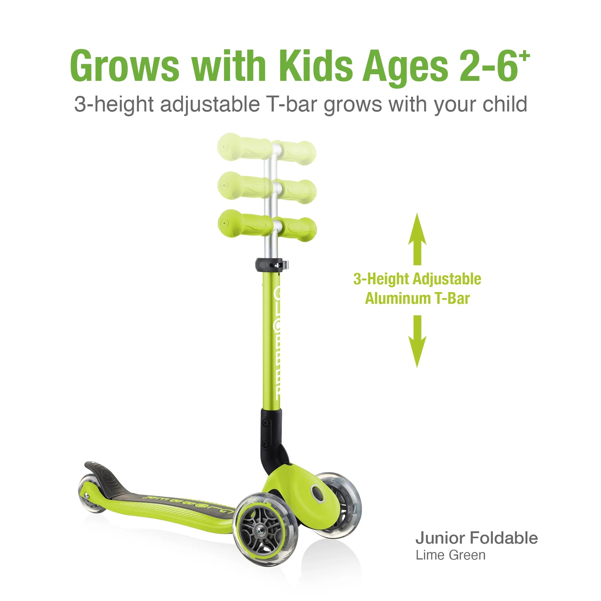 Globber junior foldable and adjustable 3 wheel scooter lime green front right view displaying its 3 height adjustable t bar.