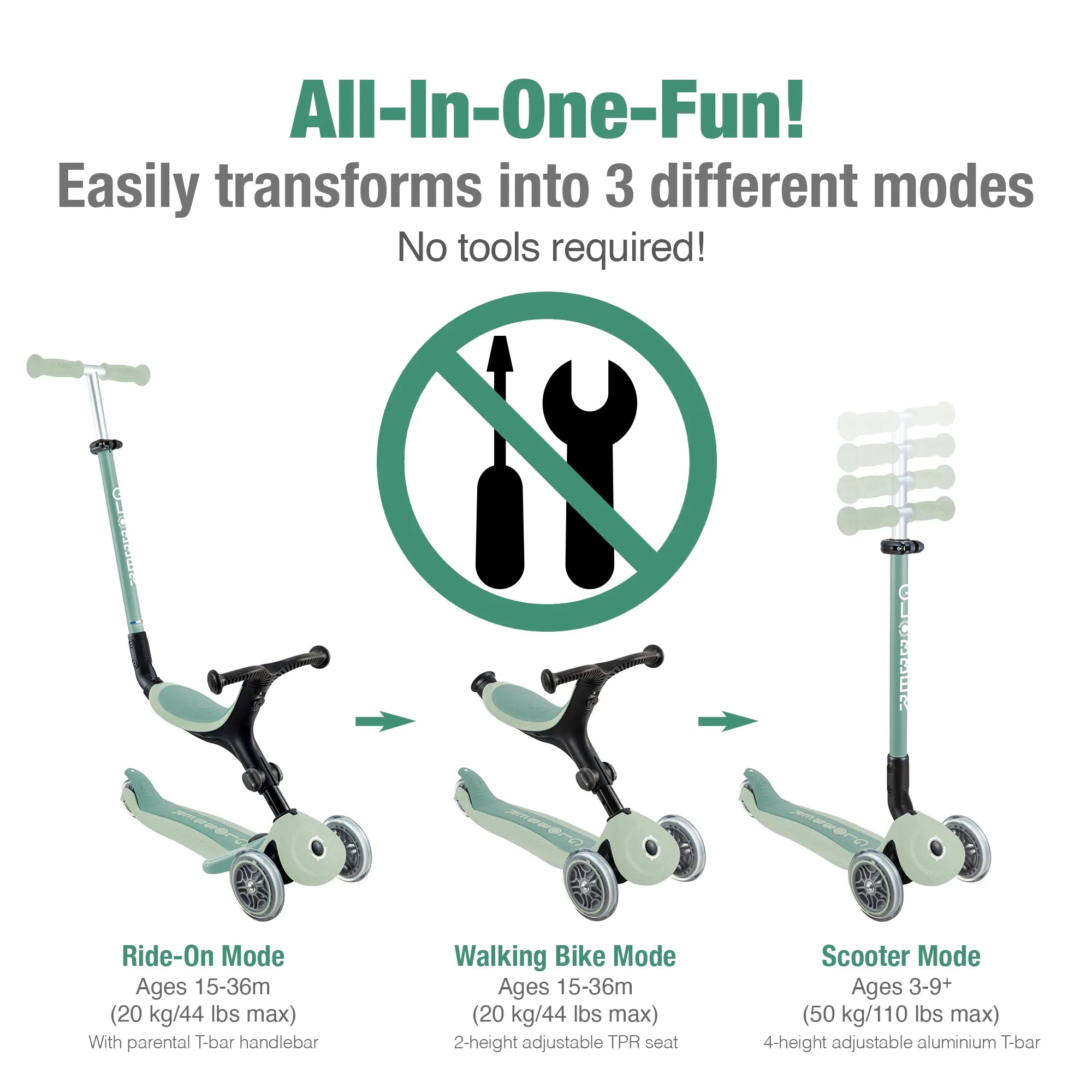 Globber GO•UP Foldable ACTIVE Ecologic 3-in-1 Scooter - 4-Height Adjustable - Award-Winning Planet-Friendly Fun - Pistachio Green - 15m-9+ yrs