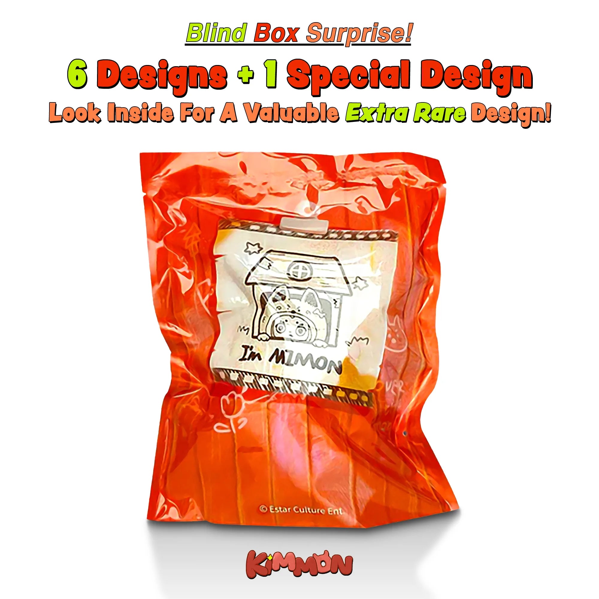 Kimmon Over The Moon series blind box product bag packaging highlighting the 6 designs and the extra rare