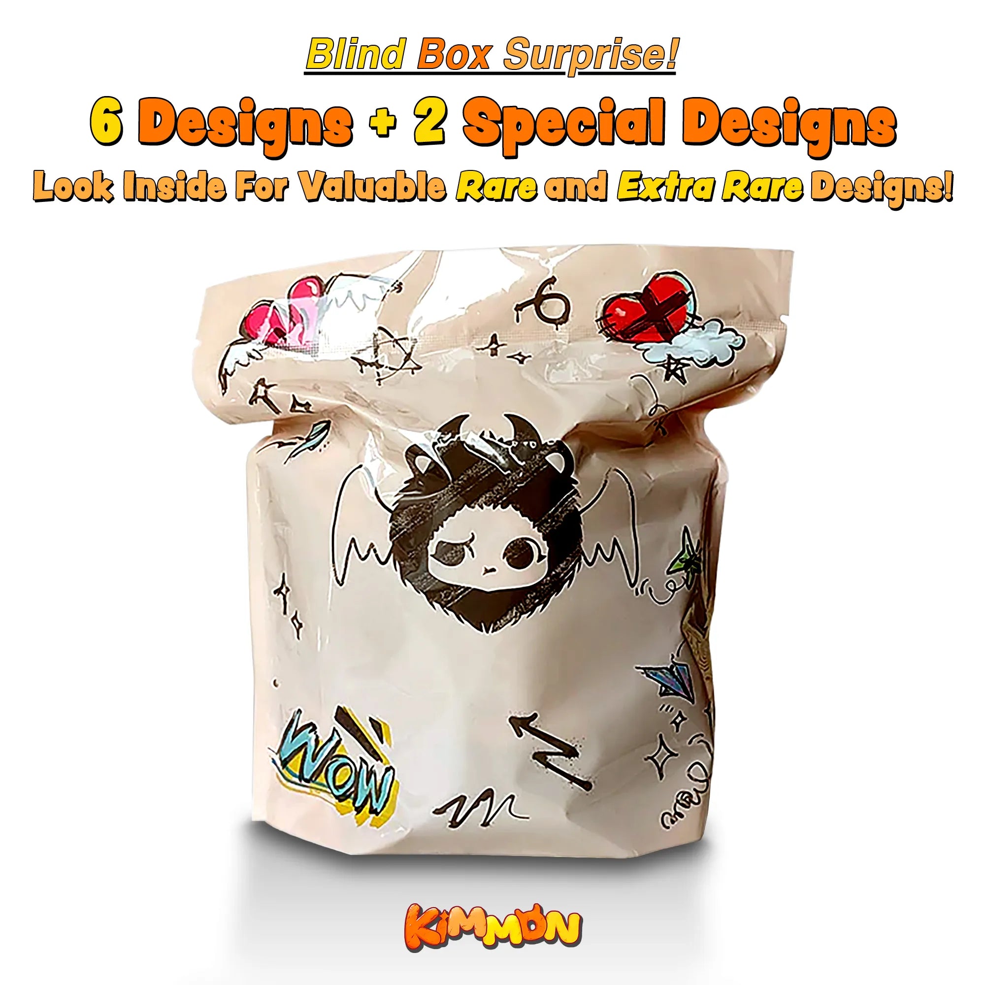 Kimmon blind box product bag packaging highlighting the 6 designs plus the extra rare and ultra rare designs.