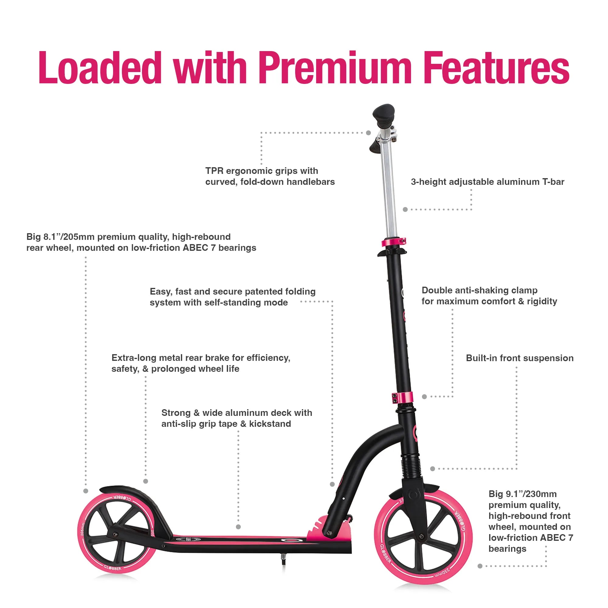 Globber NL 230-205 Duo - Premium Big Wheel Scooter - Adjustable & Foldable - Black & Pink - Ages 14-Adult