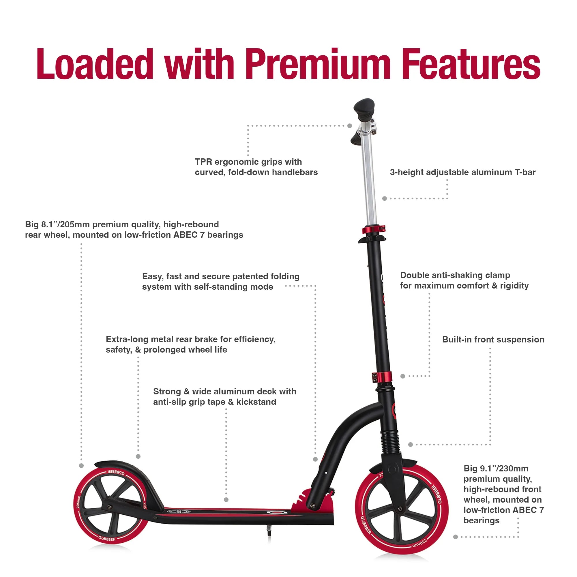 Globber NL 230-205 Duo - Premium Big Wheel Scooter - Adjustable & Foldable - Black & Red - Ages 14-Adult