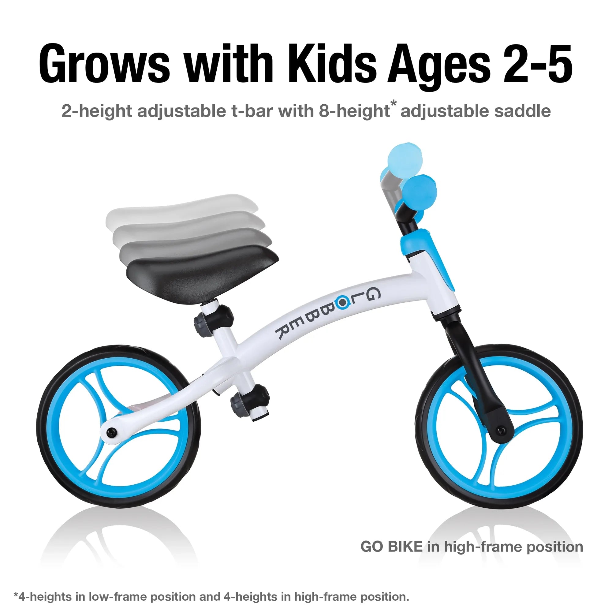 Globber Go Bike Balance Bike Black and Sky Blue Side View High Frame Option with Adjustable Seat and Handlebars