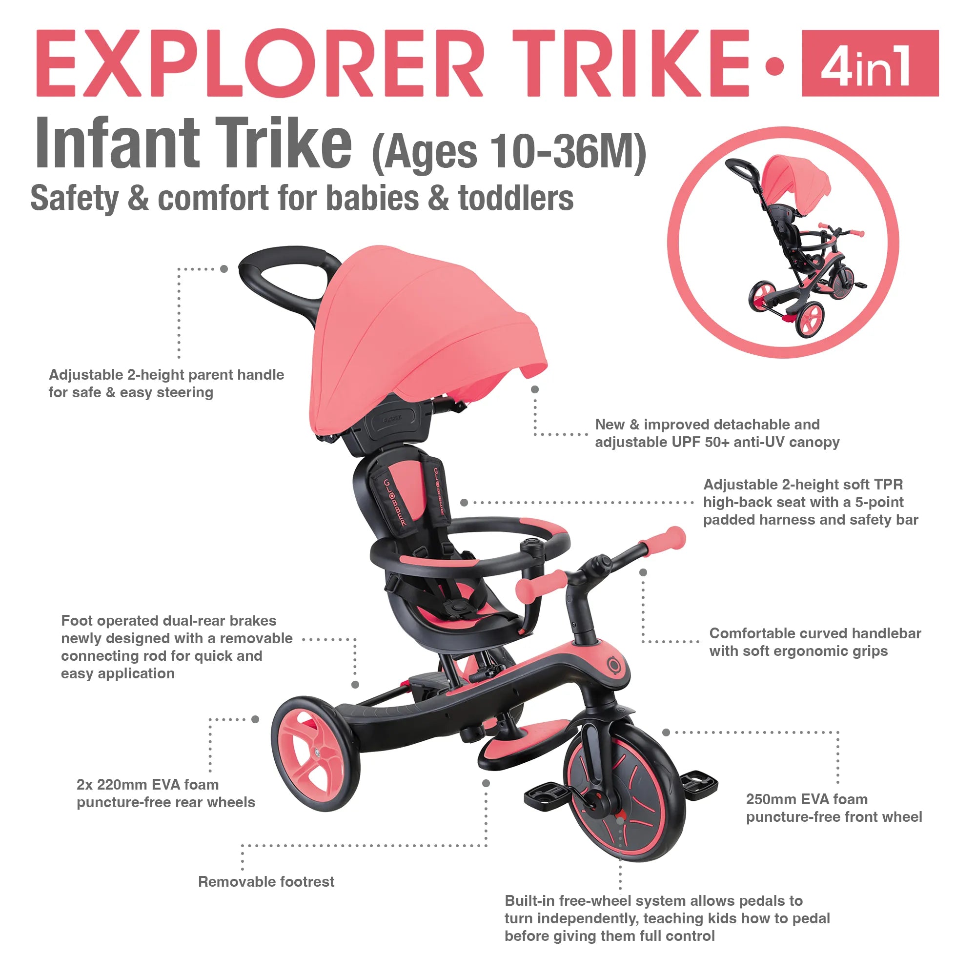 Globber Explorer Trike 4-in-1 - Coral Pink - Award-Winning Fun *New Model* - Ages 10m-5yrs