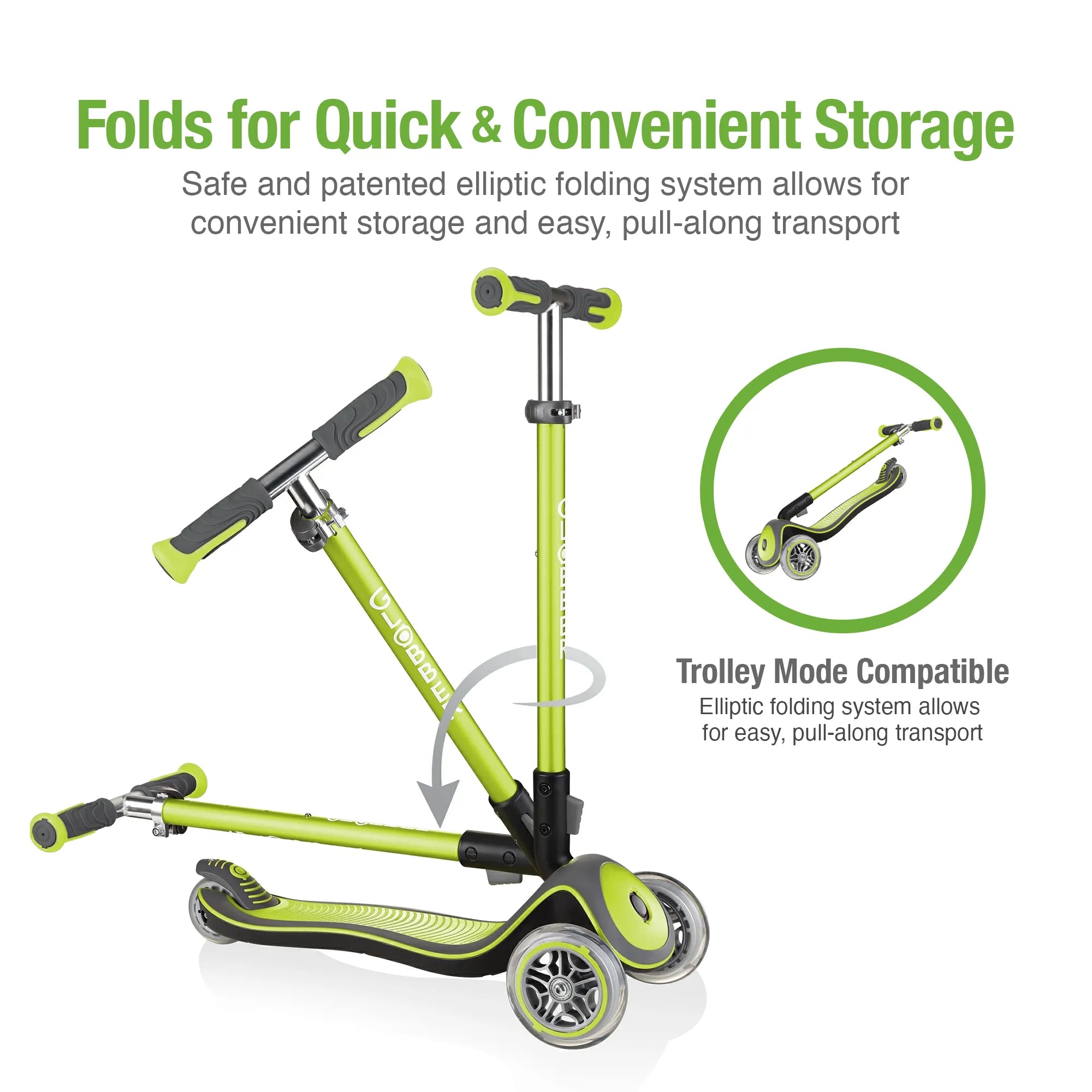 Globber elite deluxe lime green front right view of folded t bar with inset image displaying it in pull along trolley mode.