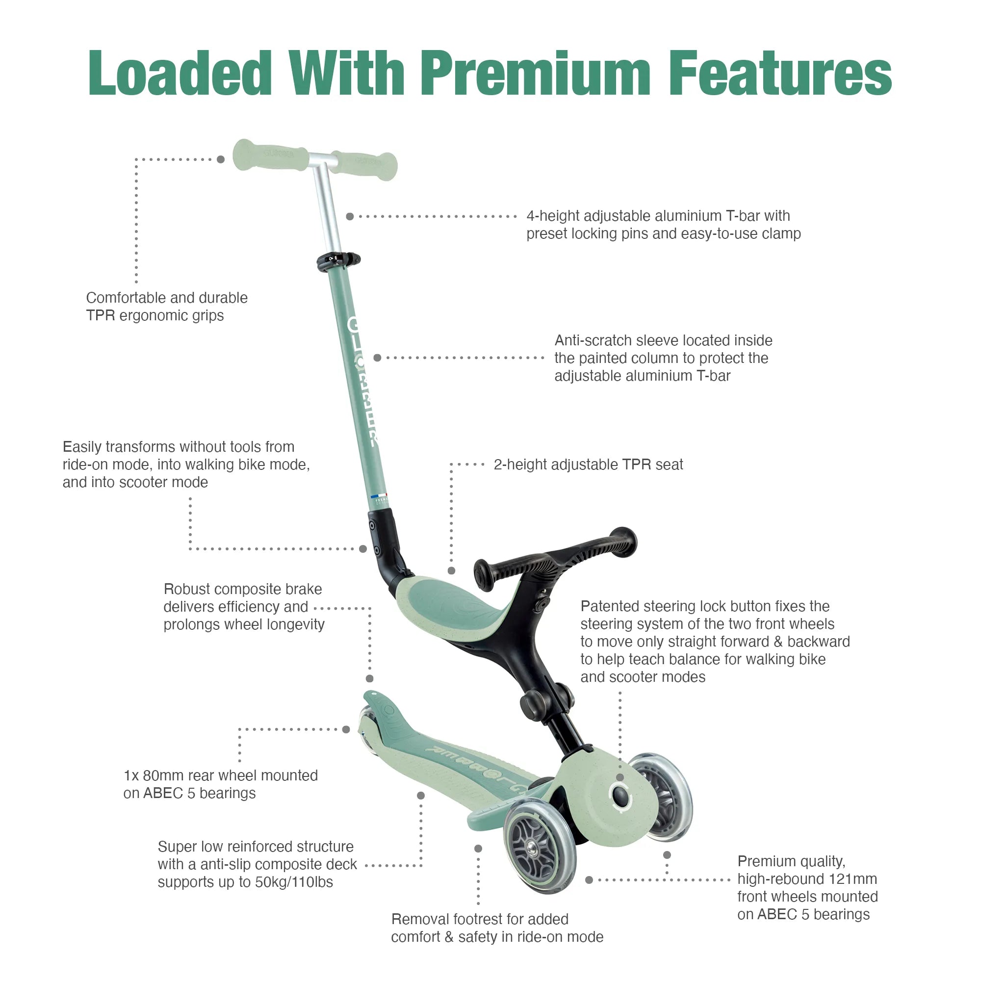 Globber GO•UP Foldable ACTIVE Ecologic 3-in-1 Scooter - 4-Height Adjustable - Award-Winning Planet-Friendly Fun - Pistachio Green - 15m-9+ yrs