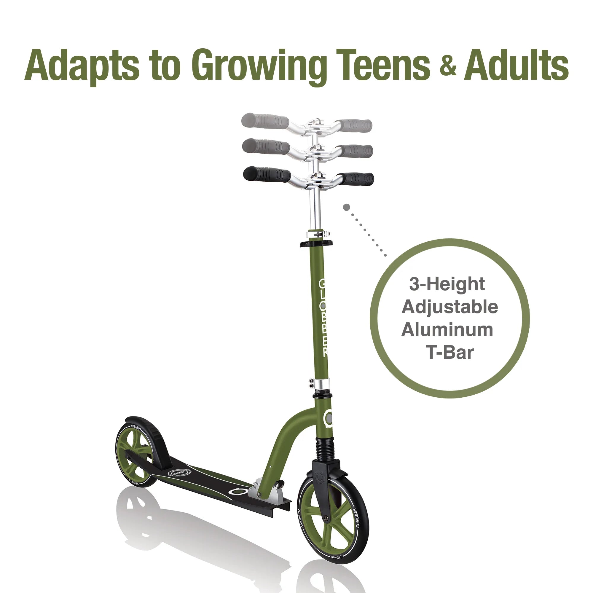 Globber NL 230-205 Duo - Premium Big Wheel Scooter - Adjustable & Foldable - Khaki Green - Ages 14-Adult