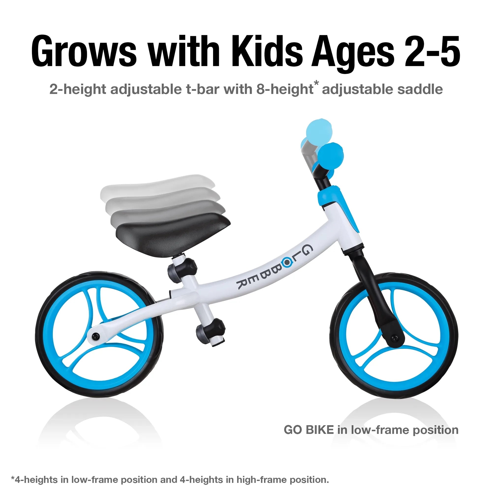 Globber Go Bike Balance Bike Black and Sky Blue Side View Low Frame Option with Adjustable Seat and Handlebars