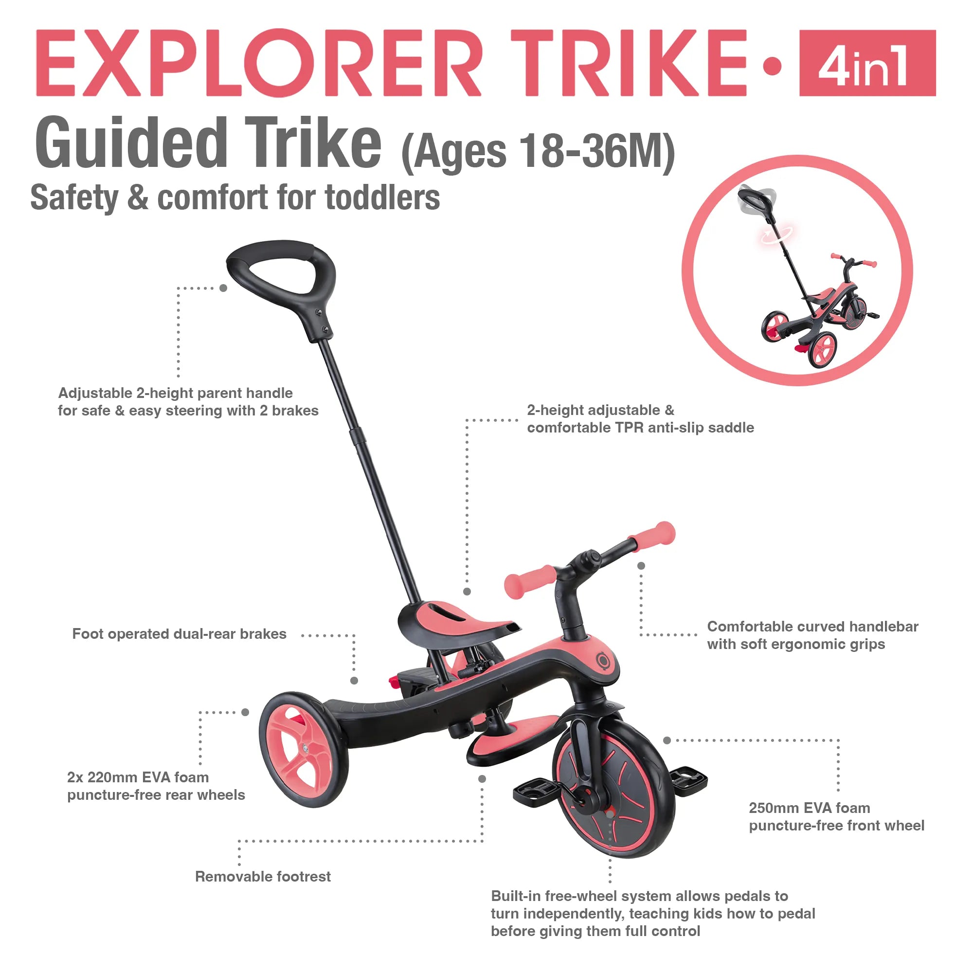 Globber Explorer Trike 4-in-1 - Coral Pink - Award-Winning Fun *New Model* - Ages 10m-5yrs